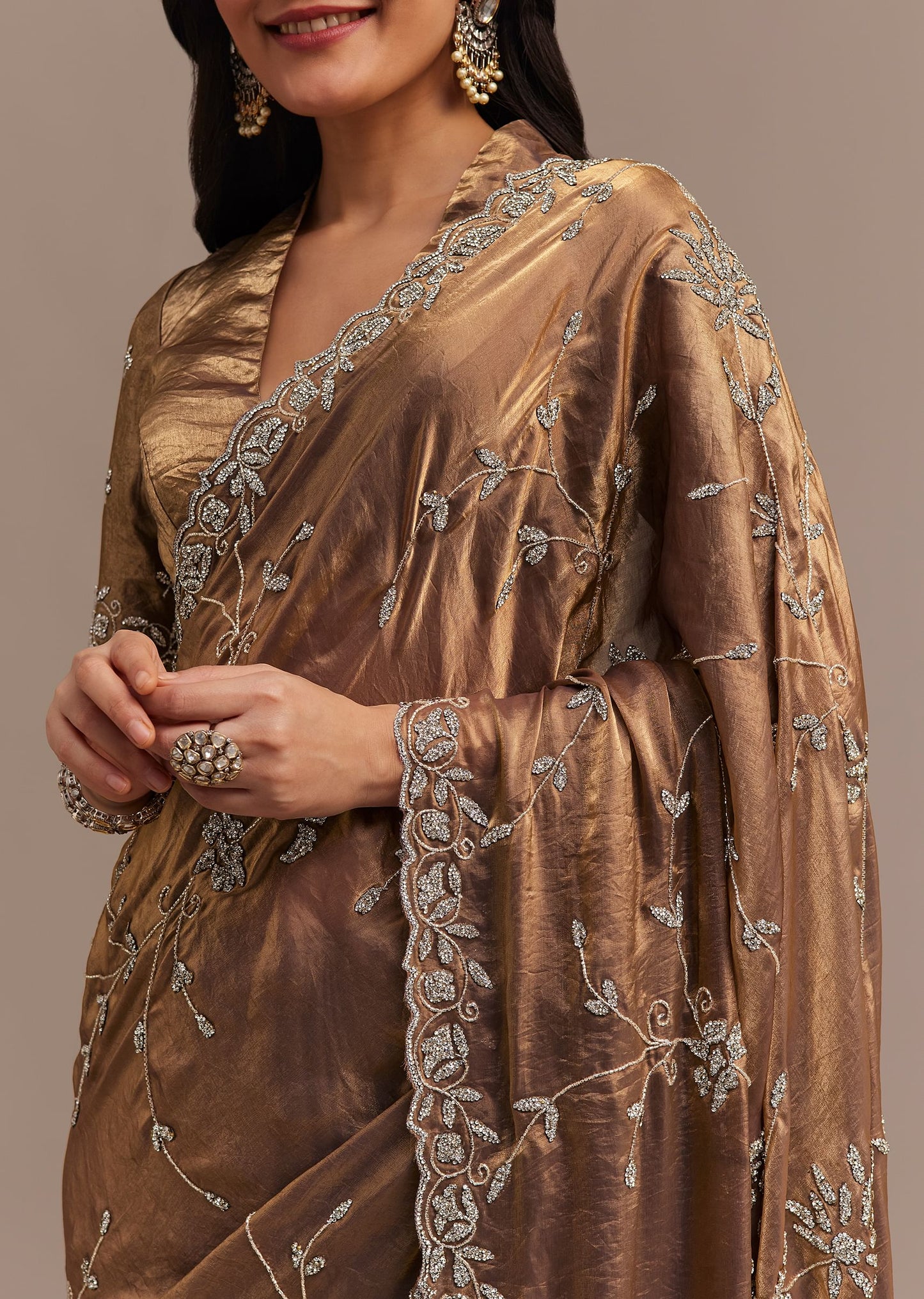 Dark Golden Beige Tissue Silk Saree With All Over Stone Embellishments