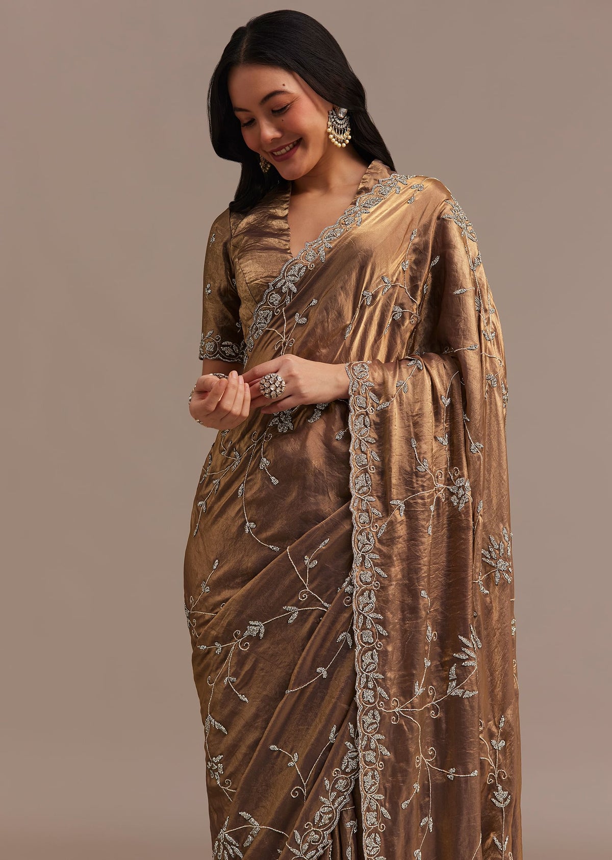 Dark Golden Beige Tissue Silk Saree With All Over Stone Embellishments