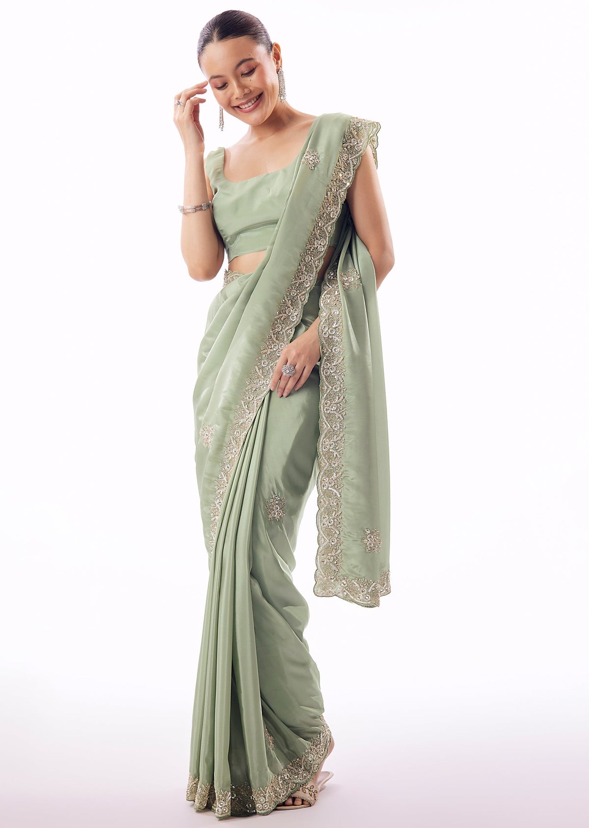 Dusky Green Silk Saree With Cutdana And Sequin Embroidered Border