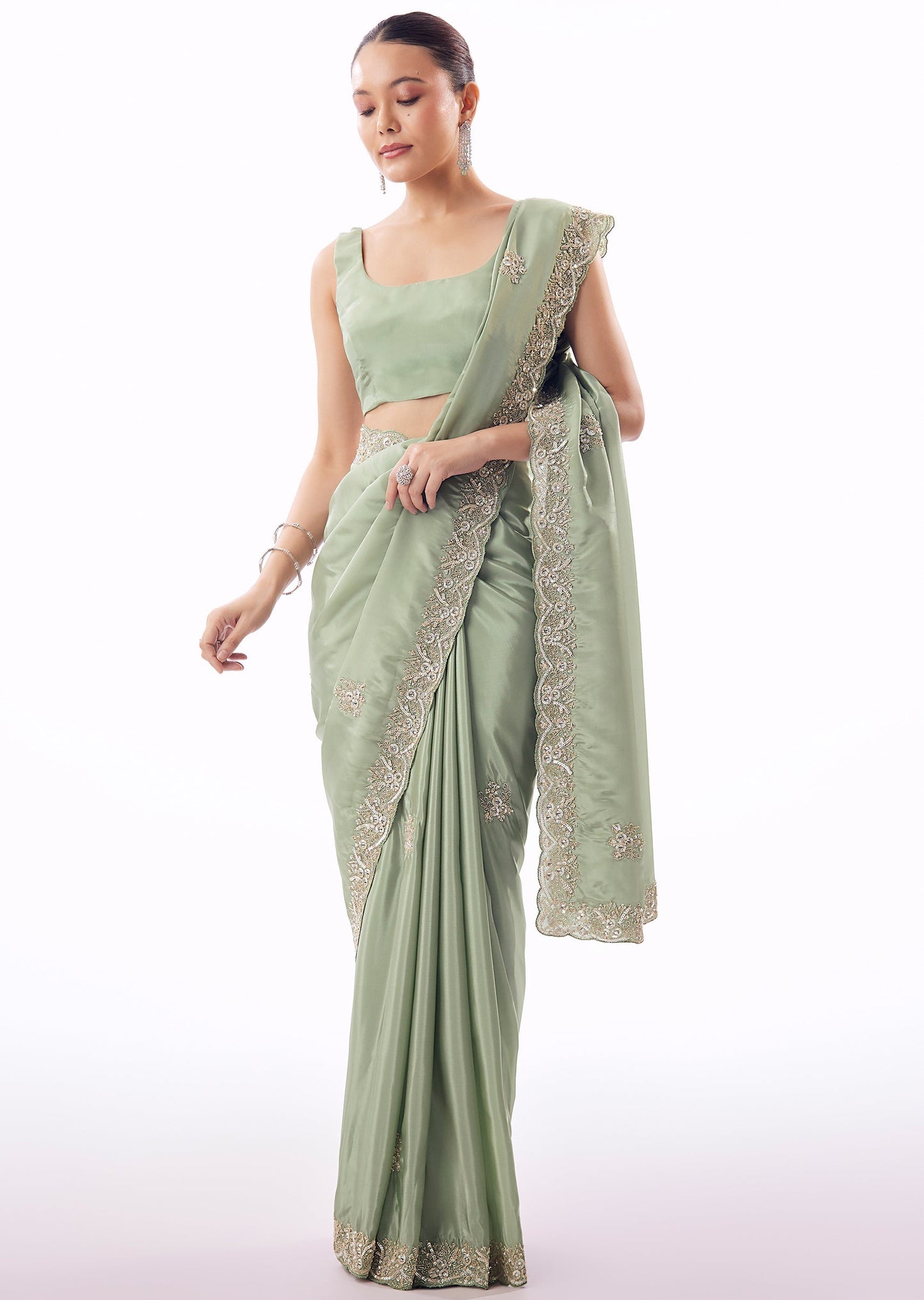 Dusky Green Silk Saree With Cutdana And Sequin Embroidered Border