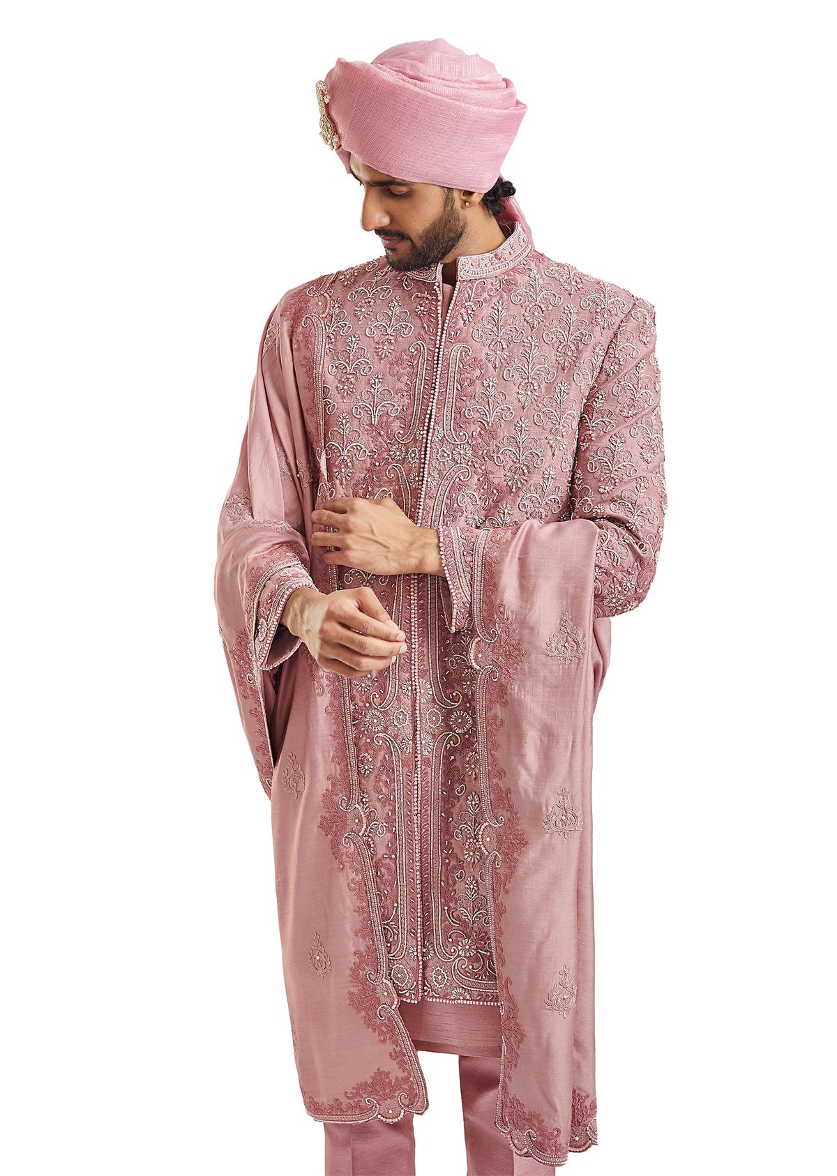 Dusty Pink Self Embroidered Groom Sherwani