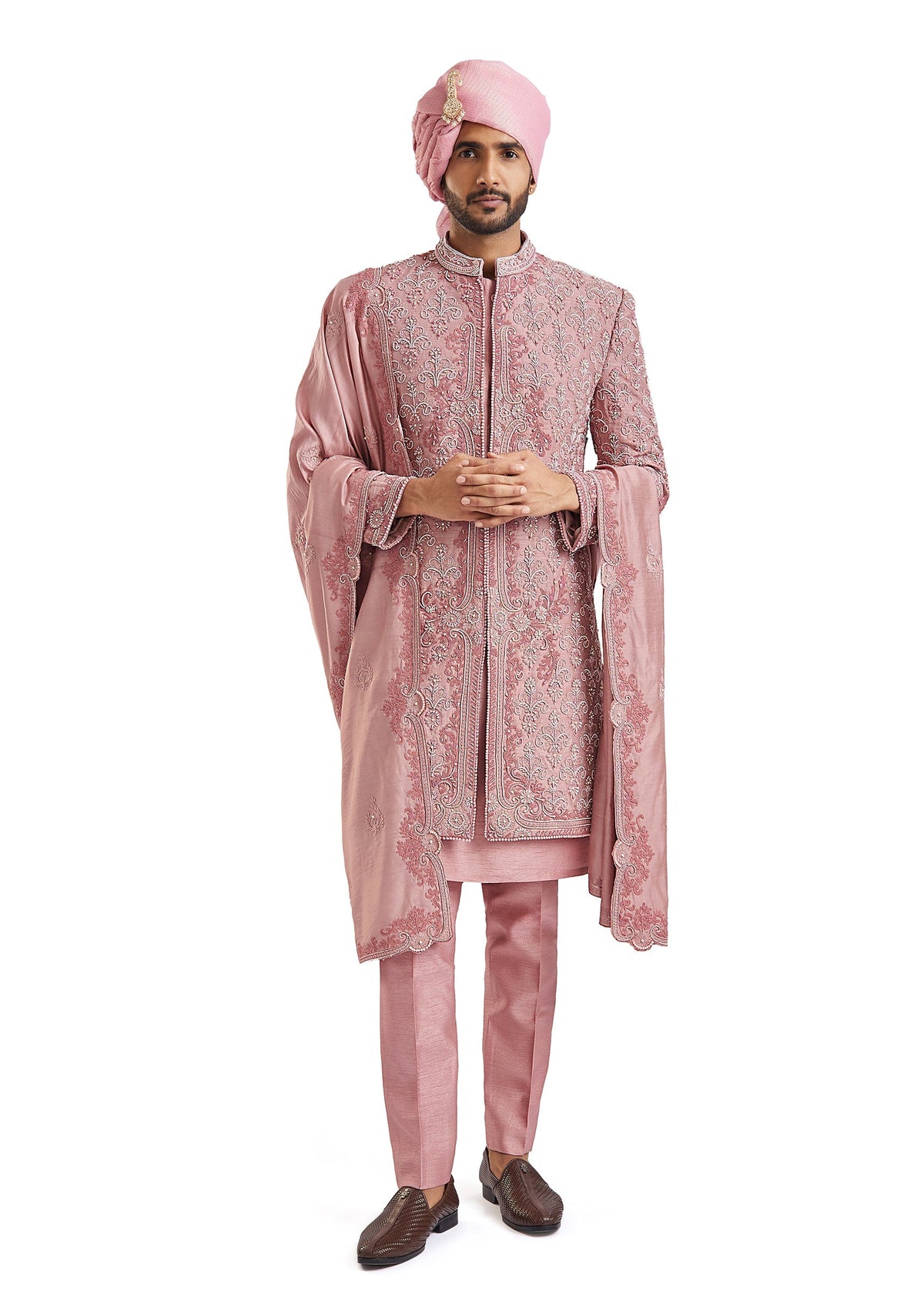 Dusty Pink Self Embroidered Groom Sherwani