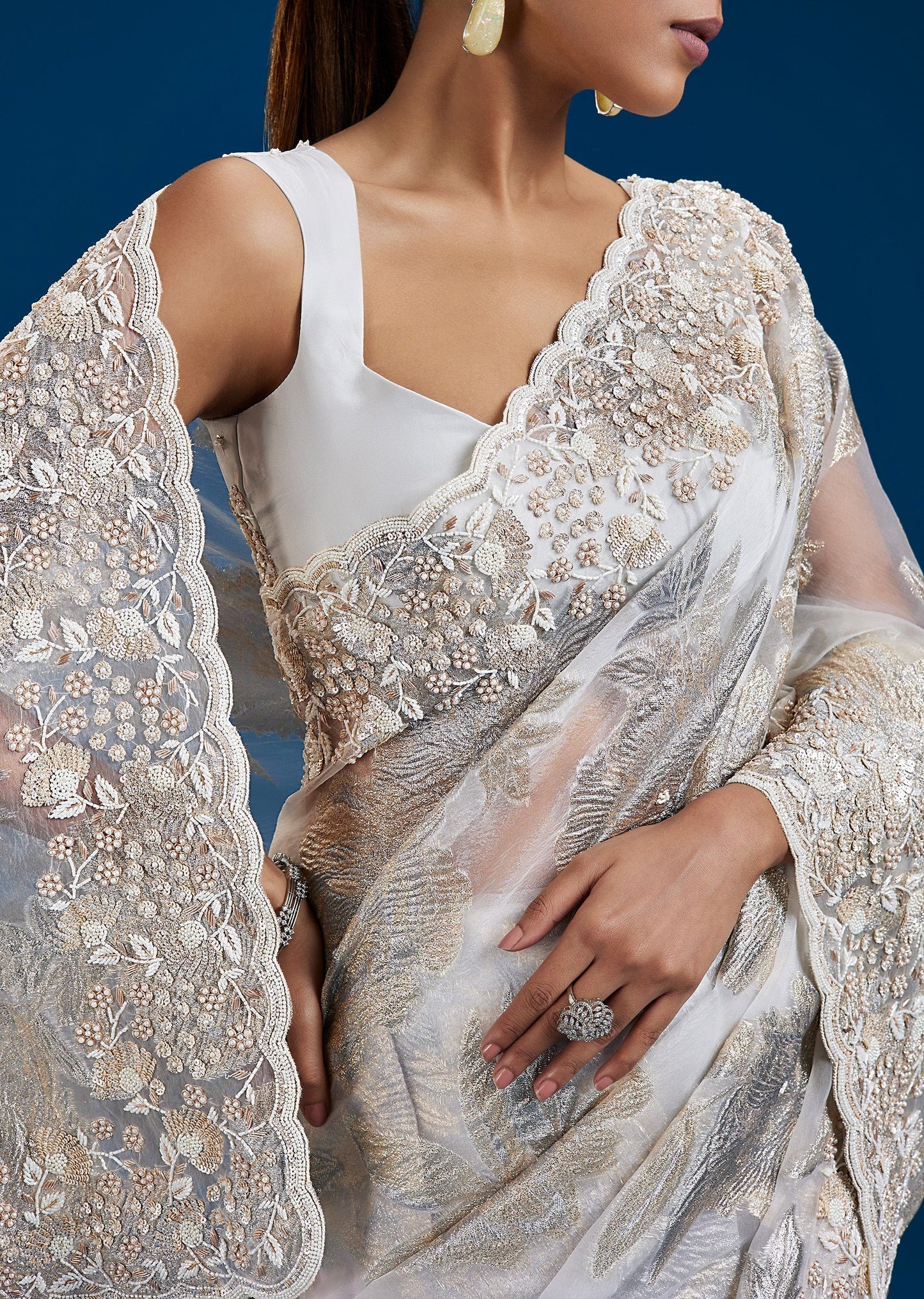 Floral Organza Saree With Cutdana And Moti Embellished Border