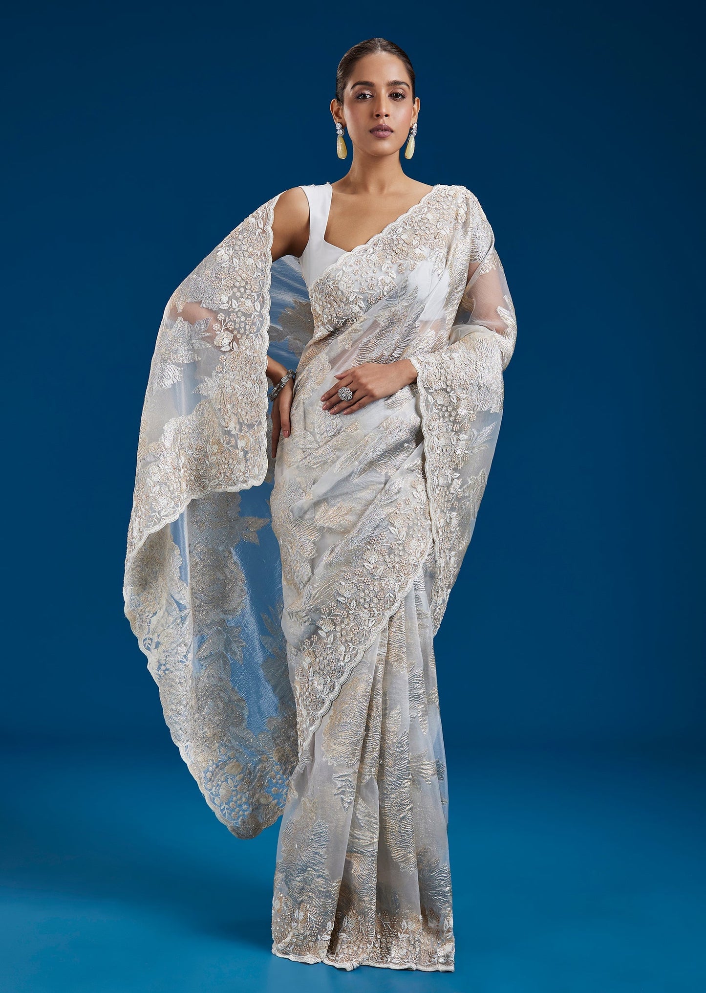 Floral Organza Saree With Cutdana And Moti Embellished Border