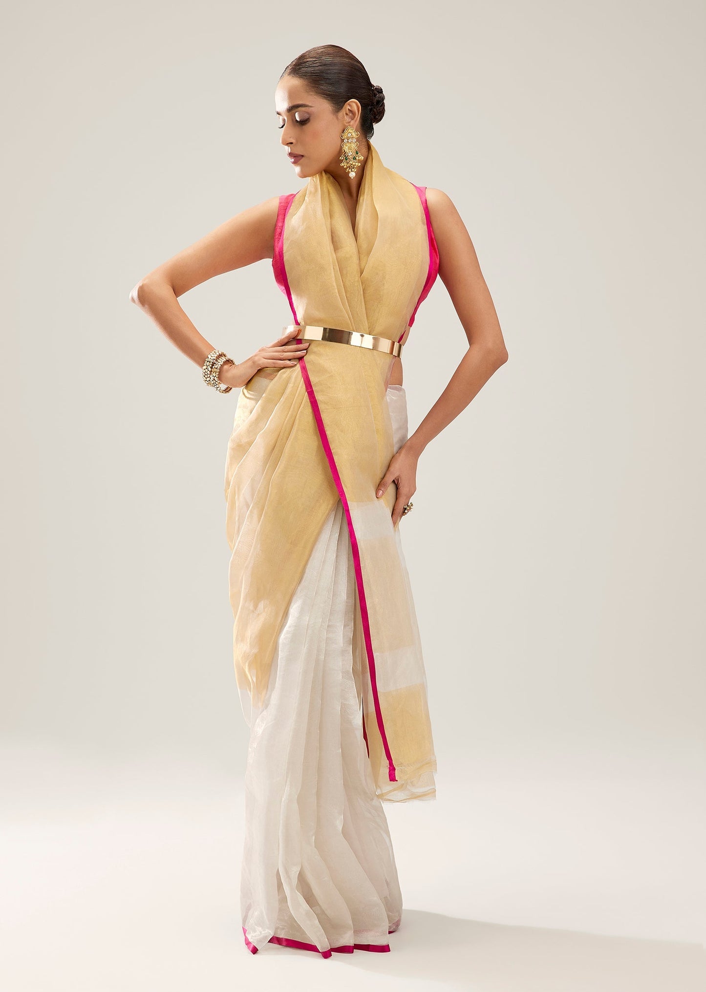 Gold And White Stripe Banarasi Tissue Saree