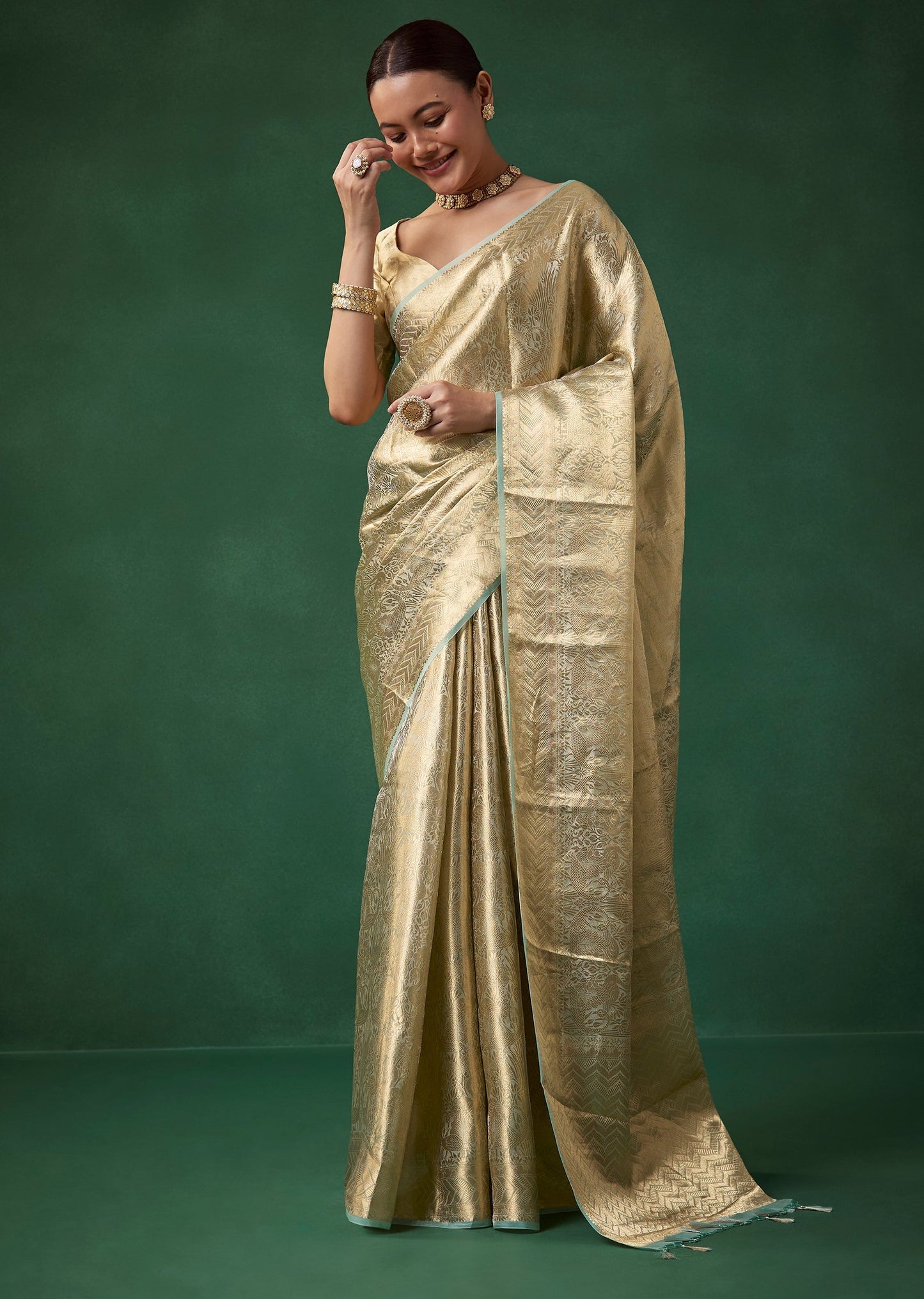 Gold Tissue Silk Woven and Embroidered Saree with Unstitched Blouse