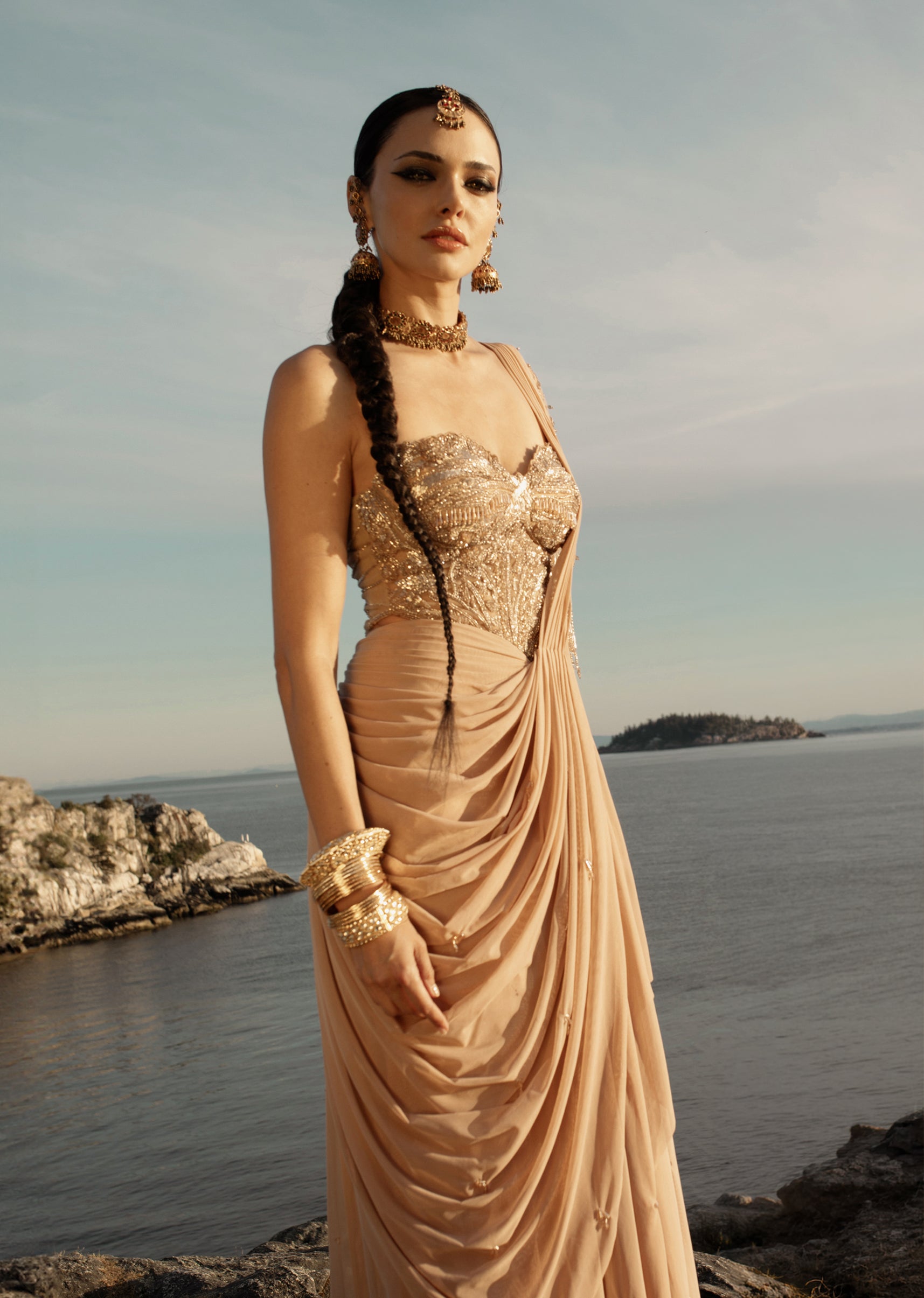 Gold Embroidered Drape Saree Set