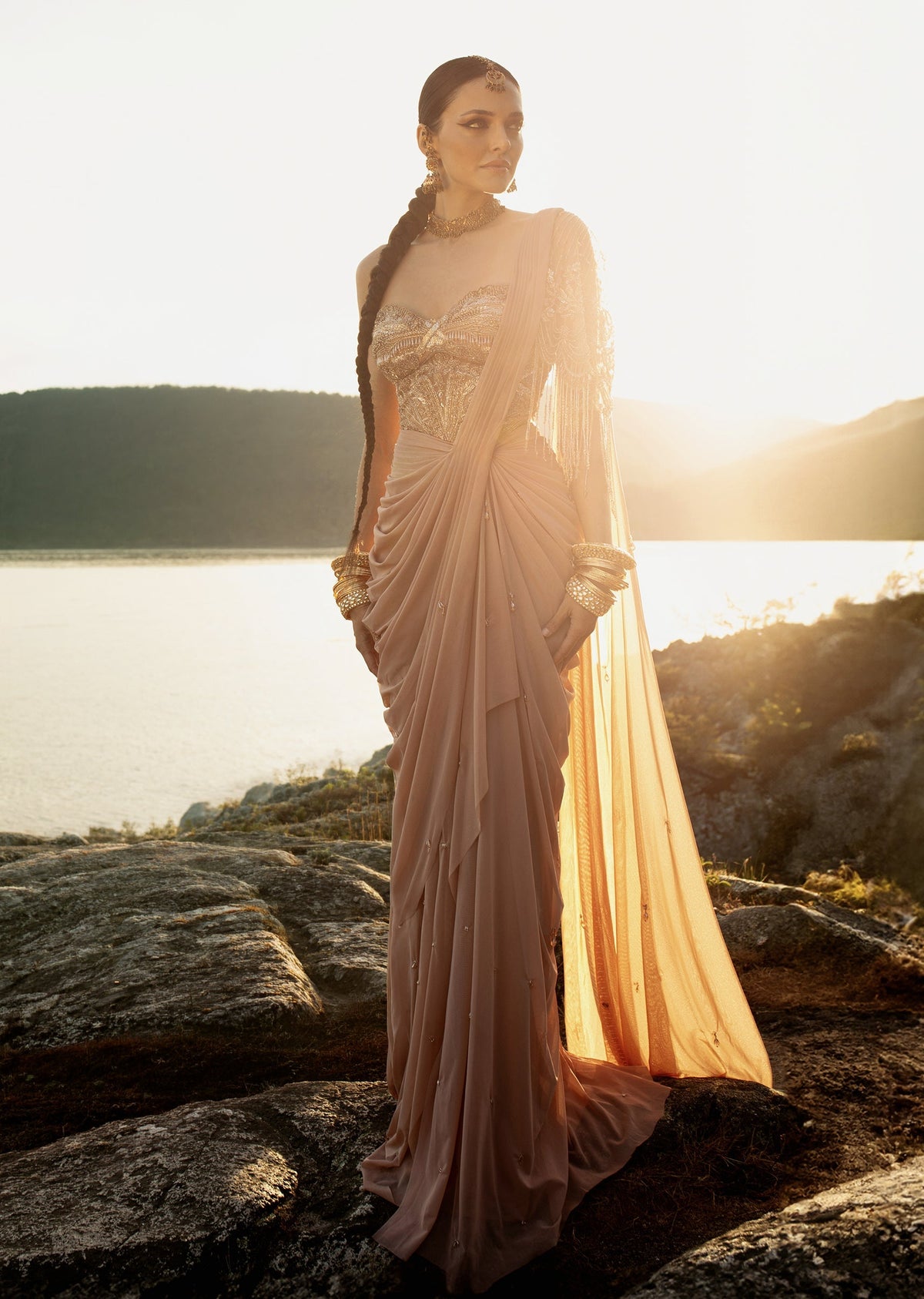 Gold Embroidered Drape Saree Set