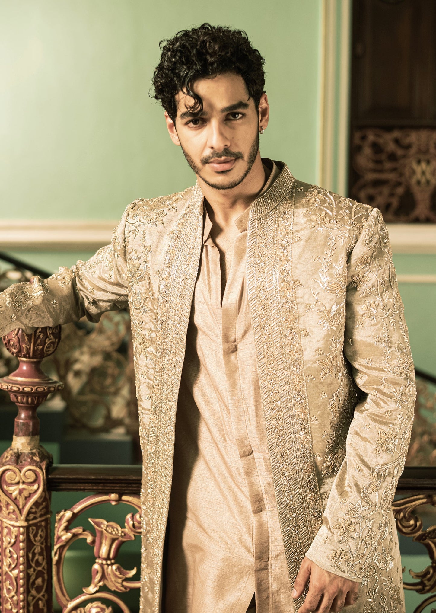 Ishan Khatter In Our Gold Handcrafted Wedding Sherwani With Stole