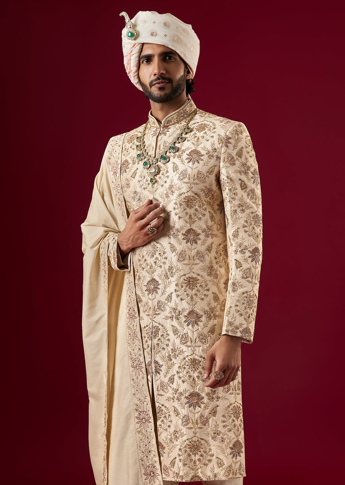 Gold Silk Sherwani Set With Zari And Zardosi Work