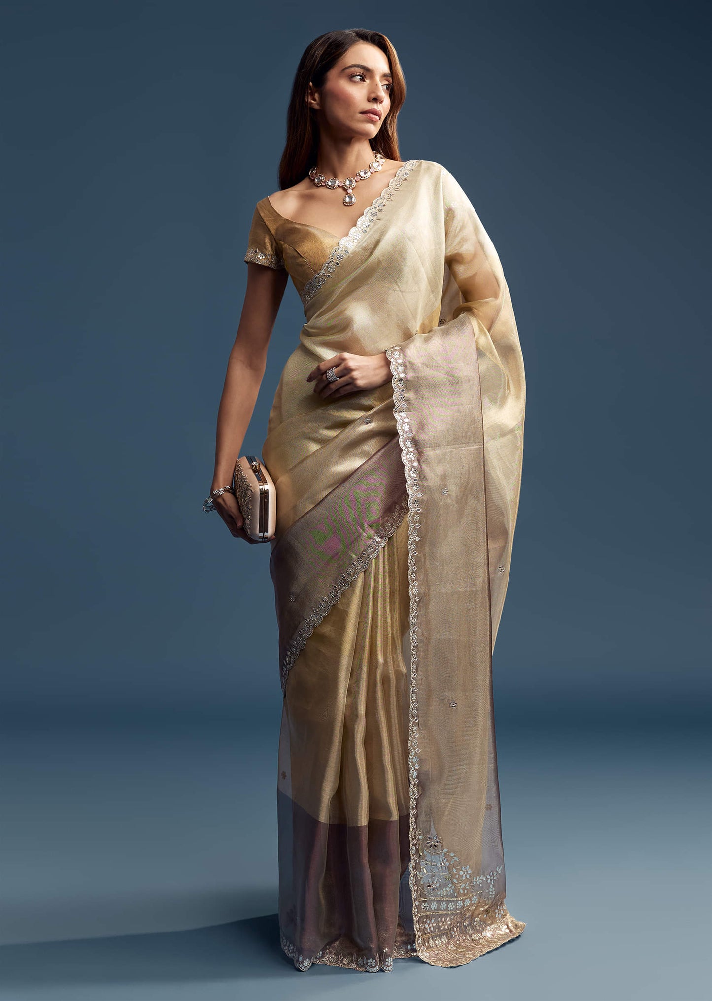 Gold Tissue Saree With Mirror Embroidery