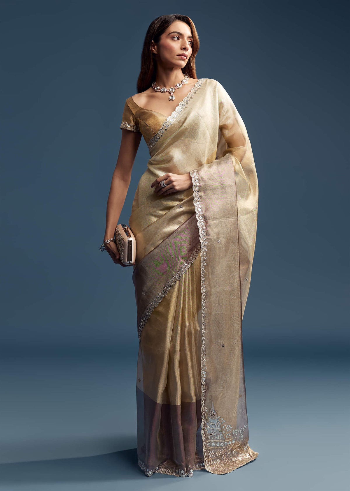 Gold Tissue Saree With Mirror Embroidery