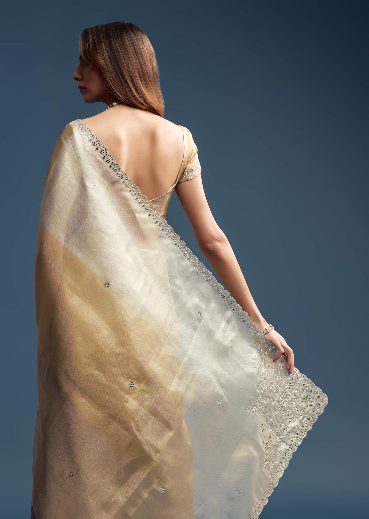 Gold Tissue Saree With Mirror Embroidery