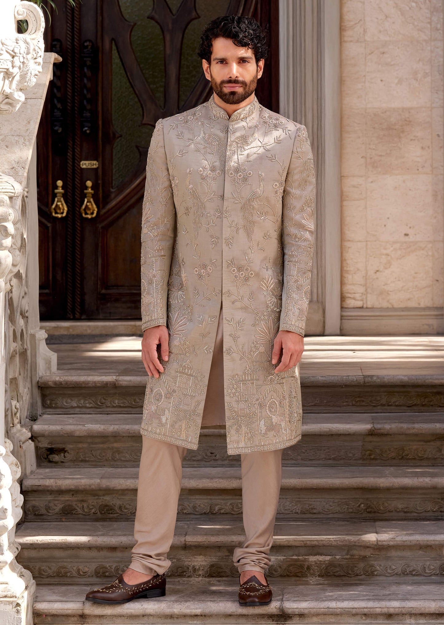 Gold Tissue Sherwani For Groom With Intricate Zardosi Work