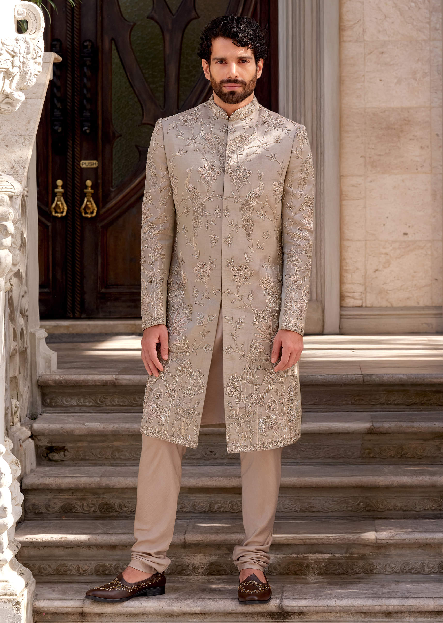 Gold Tissue Sherwani For Groom With Intricate Zardosi Work