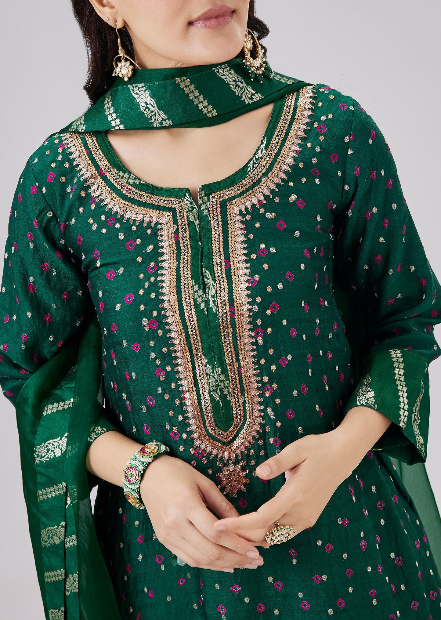 Dark Green Banarasi Bandhani Kurta Set With Dupatta