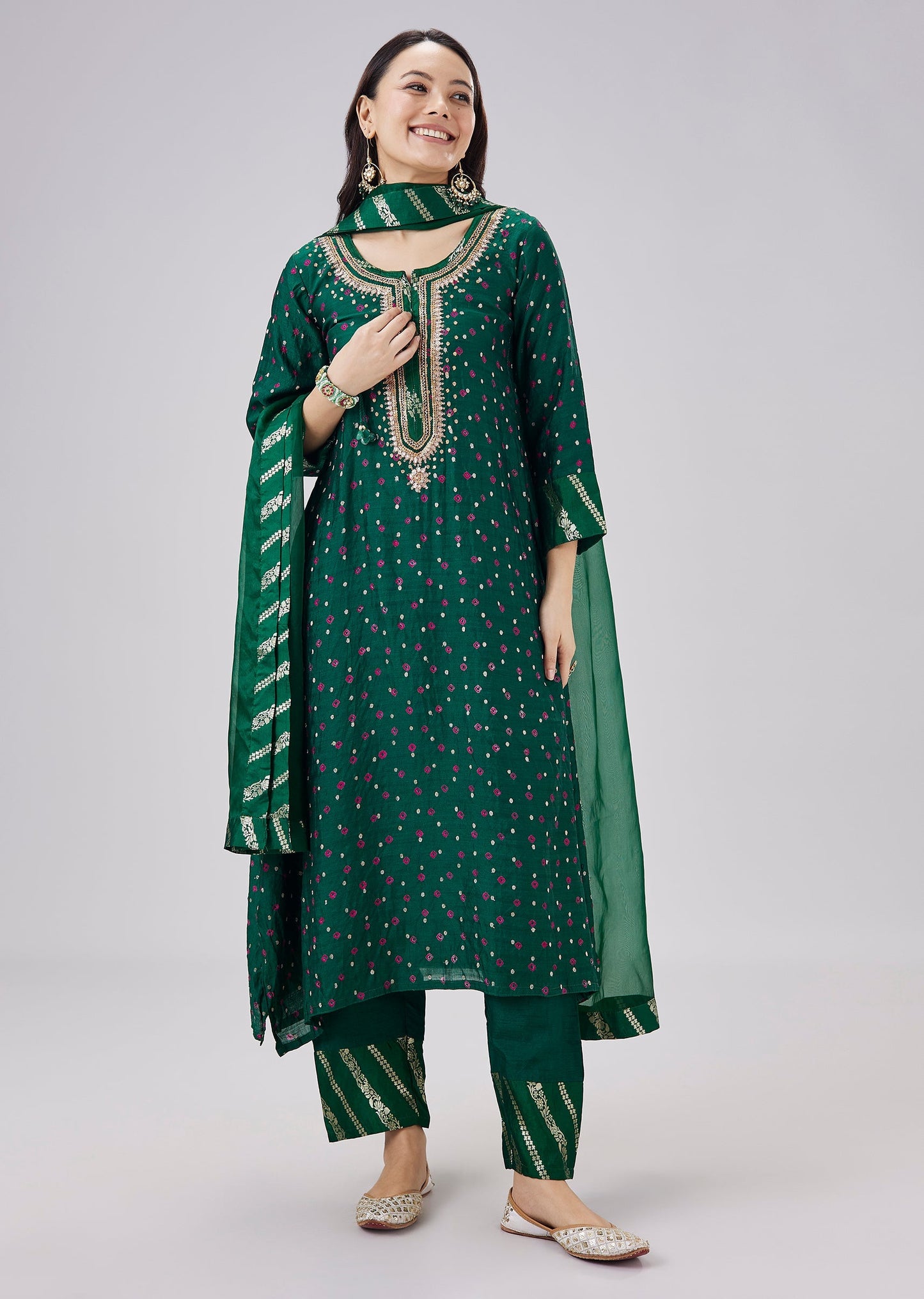 Dark Green Banarasi Bandhani Kurta Set With Dupatta