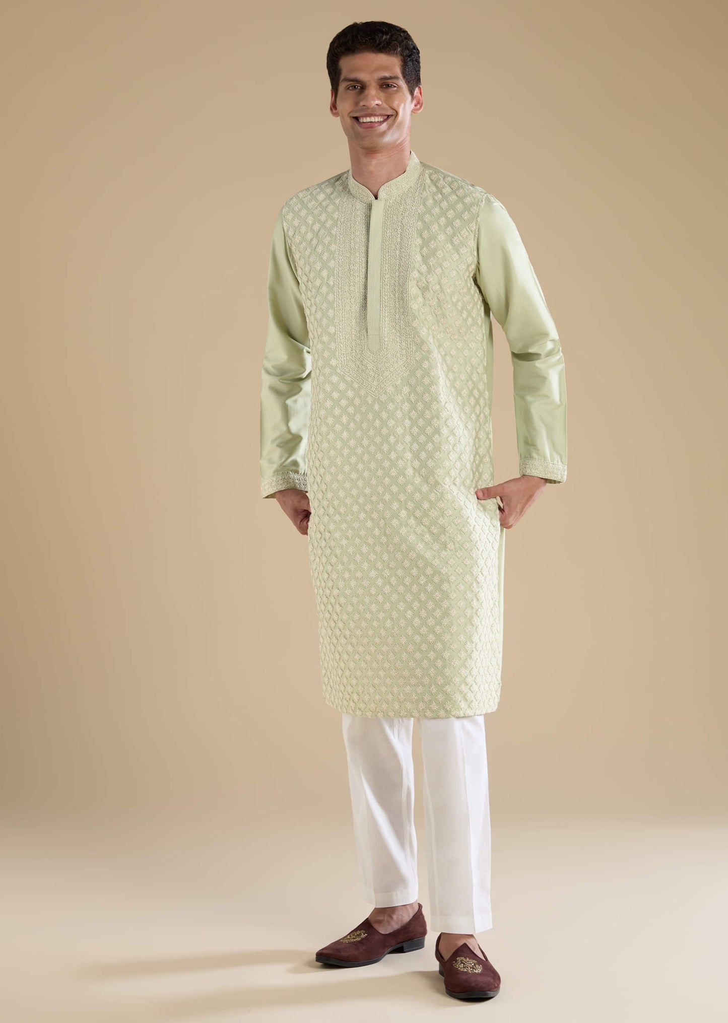 Green Banarasi Silk Kurta Set With Heavy Hand Embroidered Kantha Work