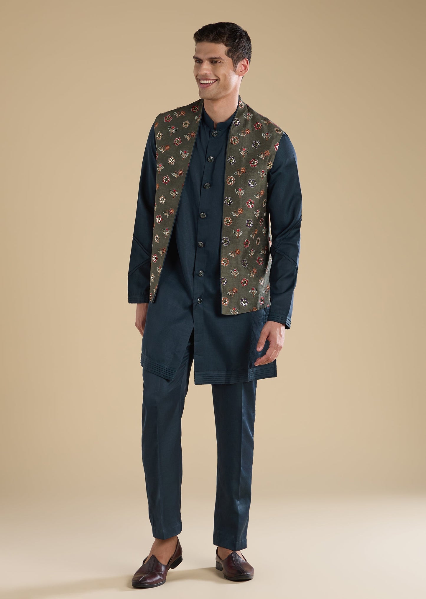 Green Embellished Jacket Kurta Set With Pants