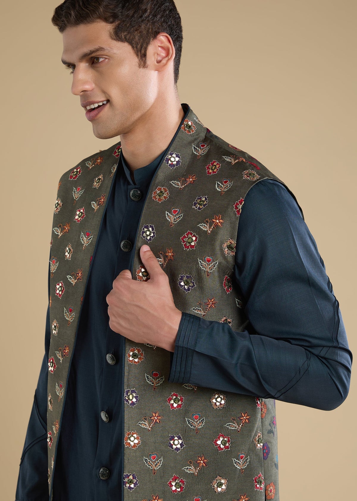 Green Embellished Jacket Kurta Set With Pants