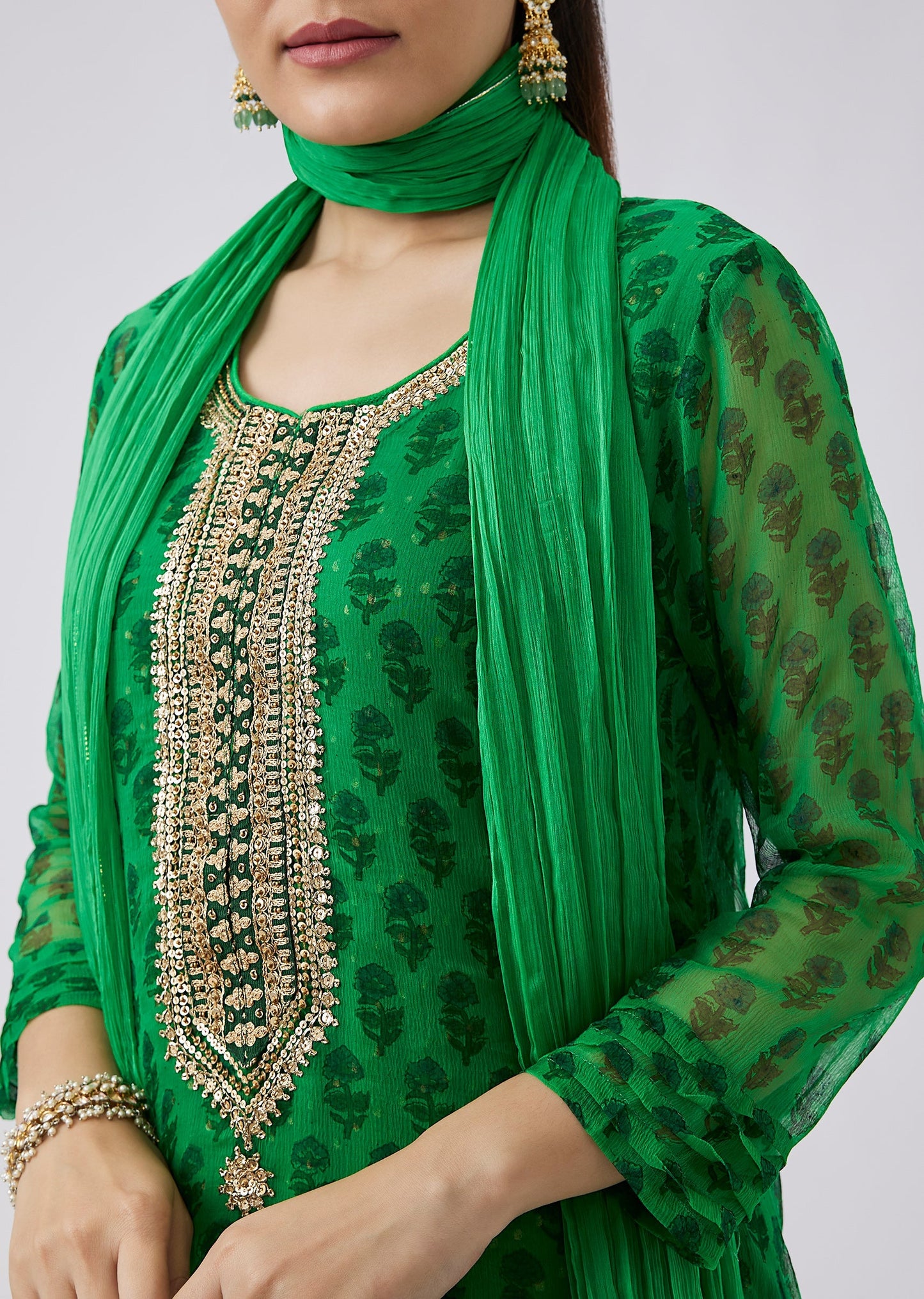 Green Floral Block Print Kurta With Pant