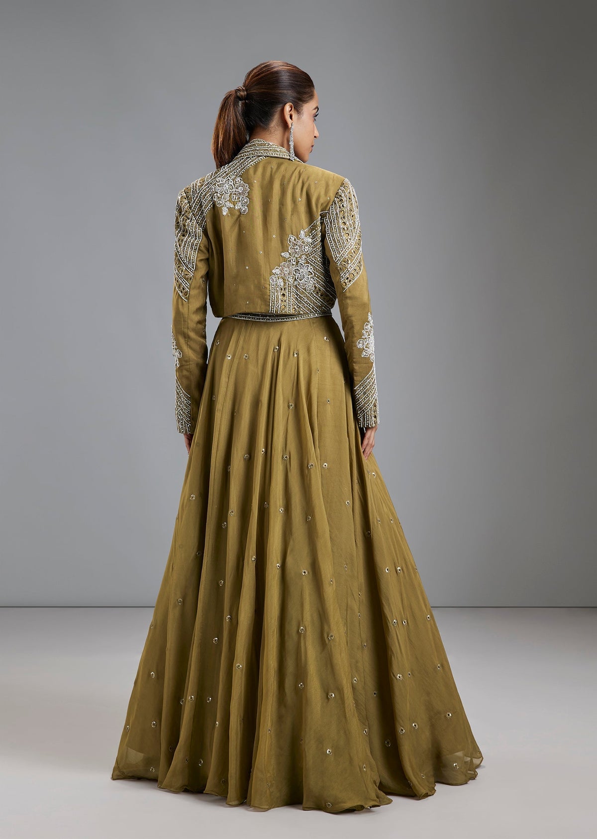 Green Organza Lehenga Set With Pleated Bustier And Embellished Jacket