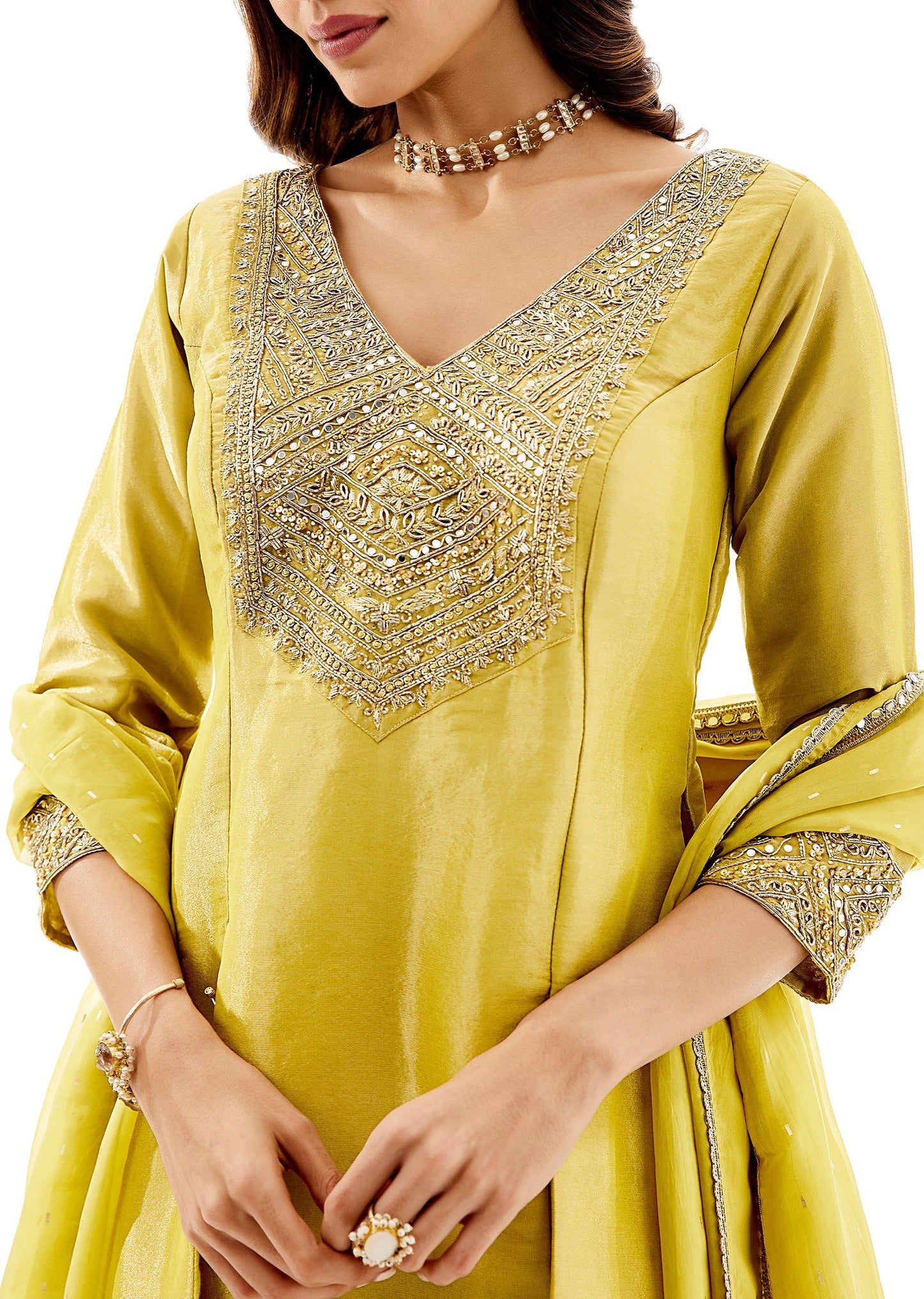 Green Organza Short Kurti Dupatta Set With Zardosi Yoke