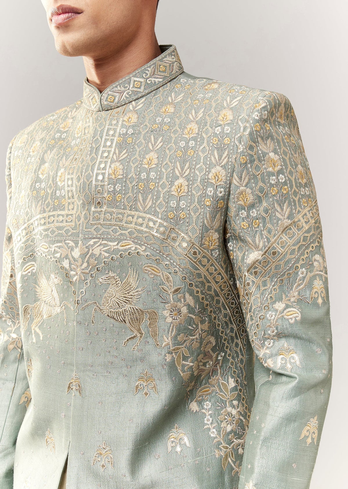 Green Raw Silk Indo Western With Applique And Resham Work