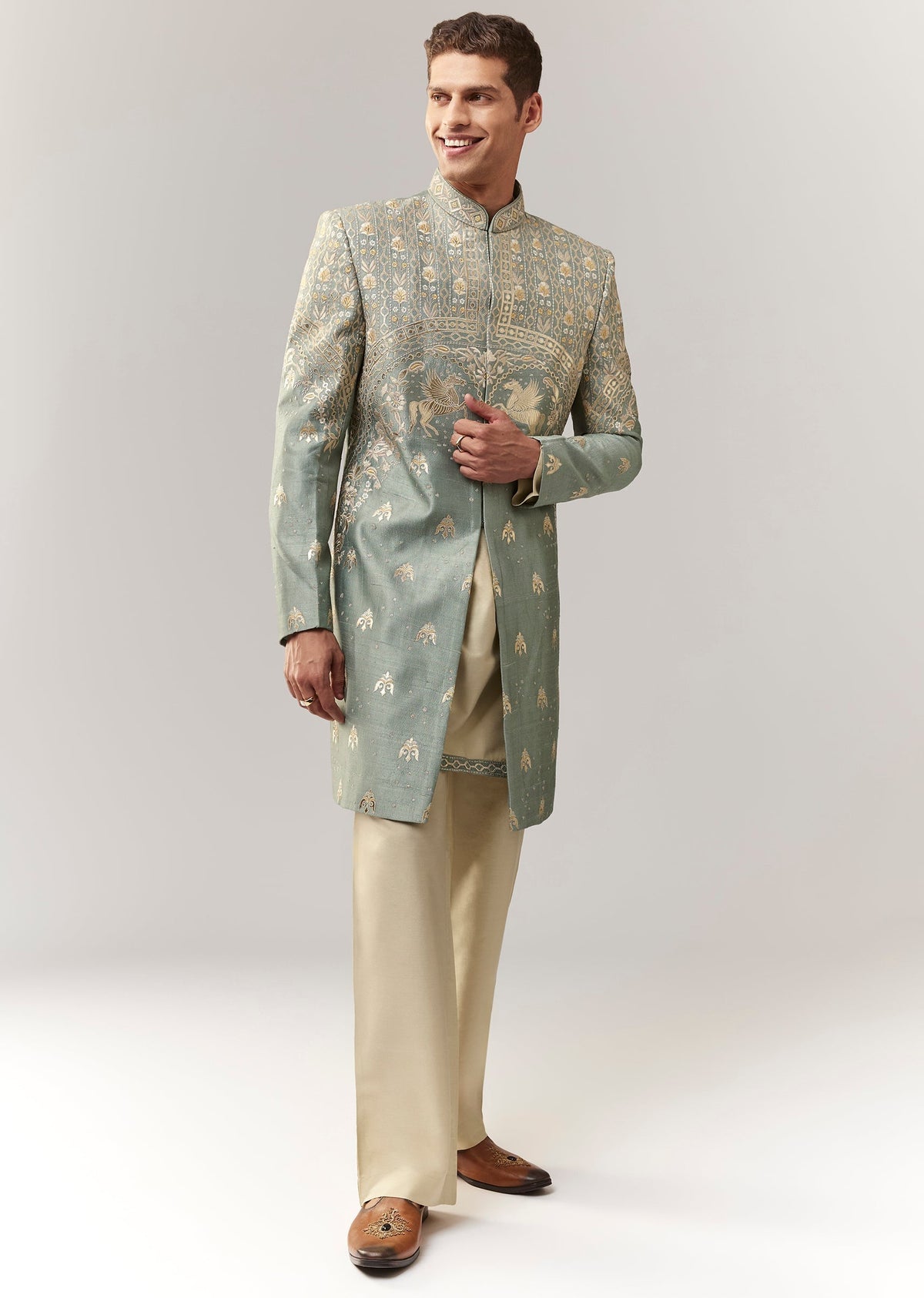 Green Raw Silk Indo Western With Applique And Resham Work