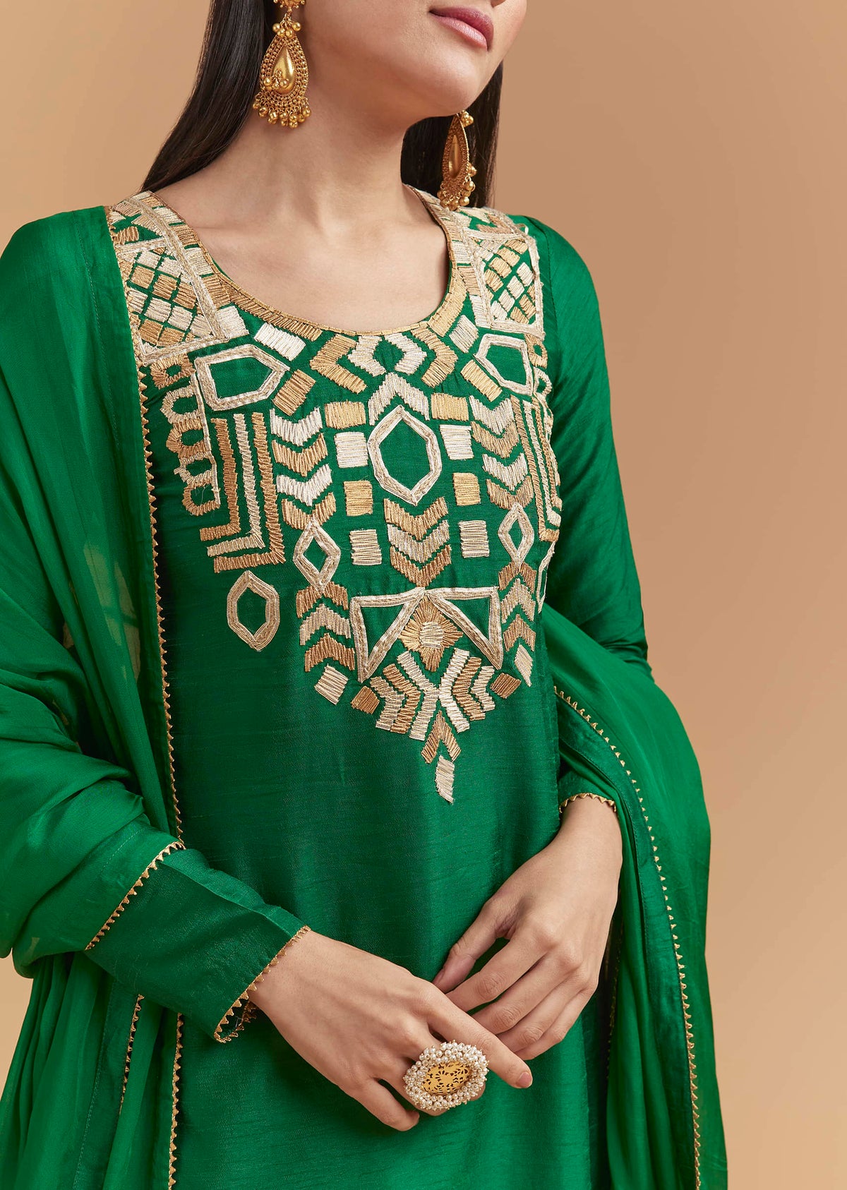 Green Silk Kurta Set With Gota Work