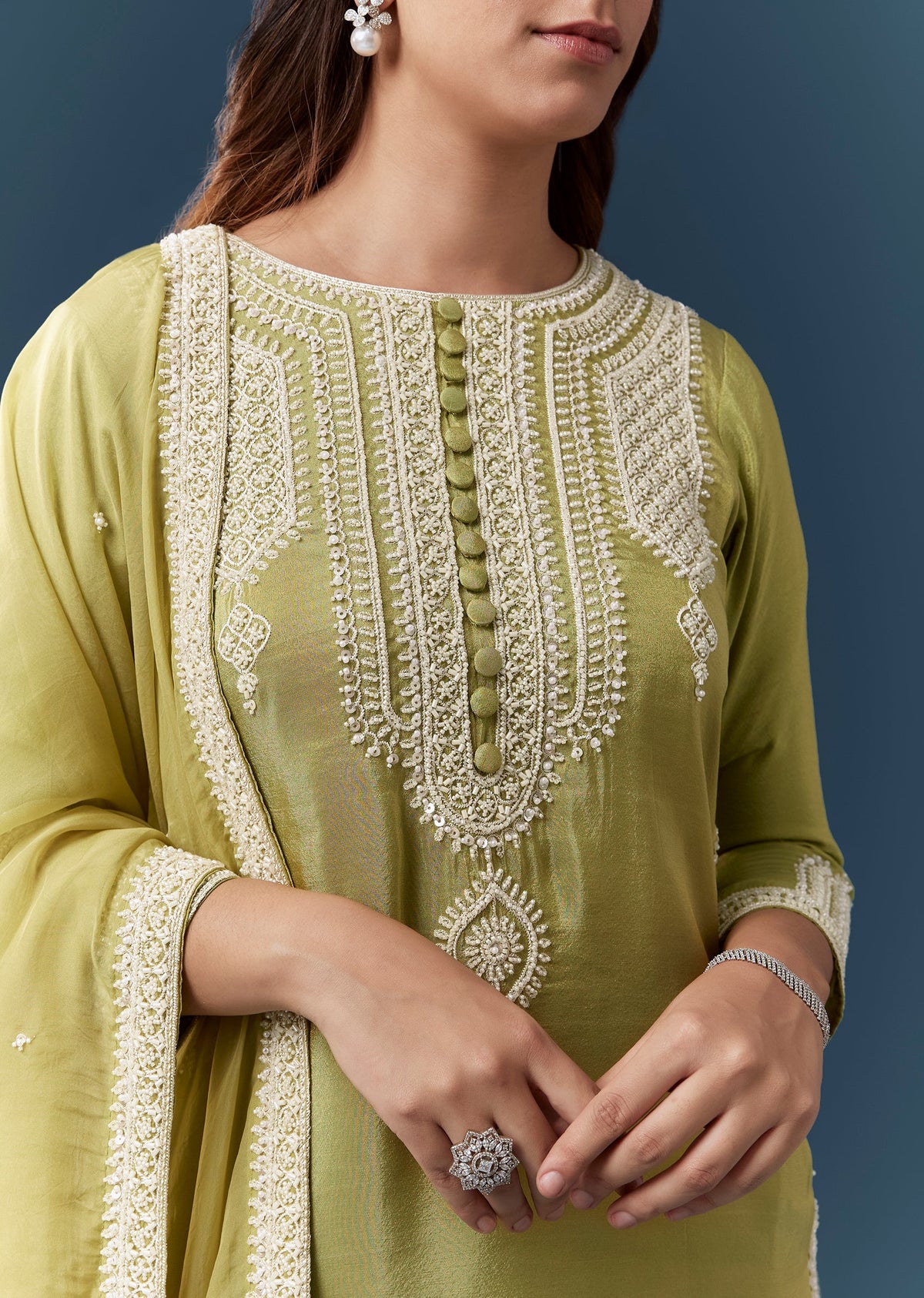 Green Tissue Embroidered Kurta Pant Set