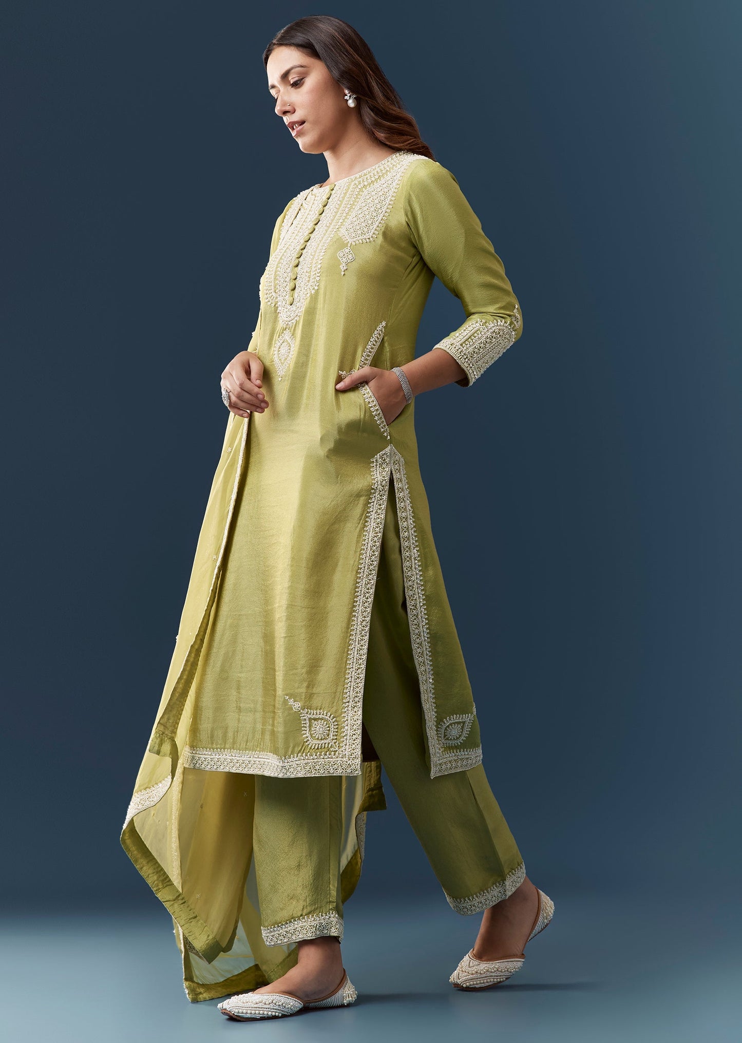 Green Tissue Embroidered Kurta Pant Set