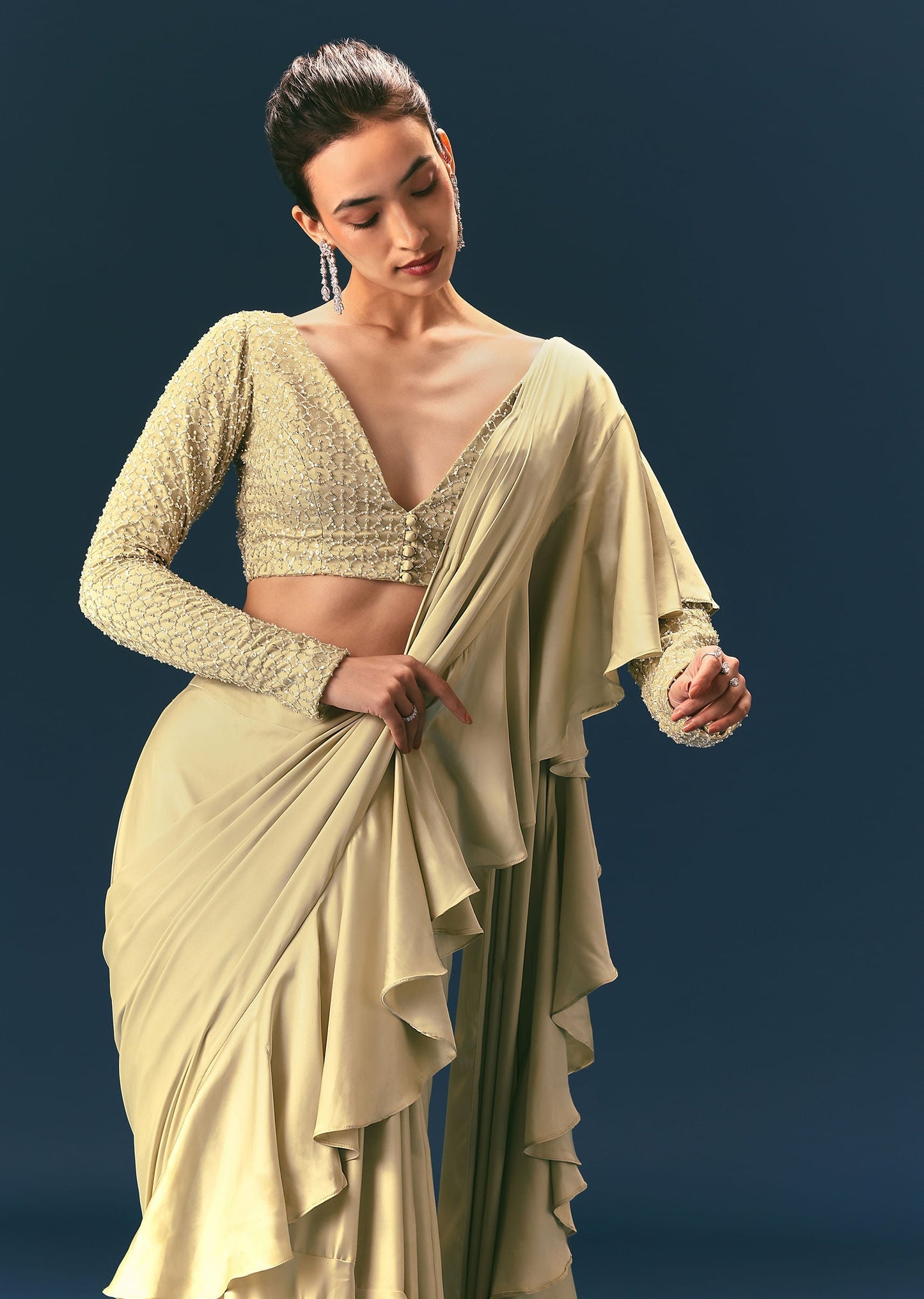 Green Frill Draped Saree With Embellished Blouse