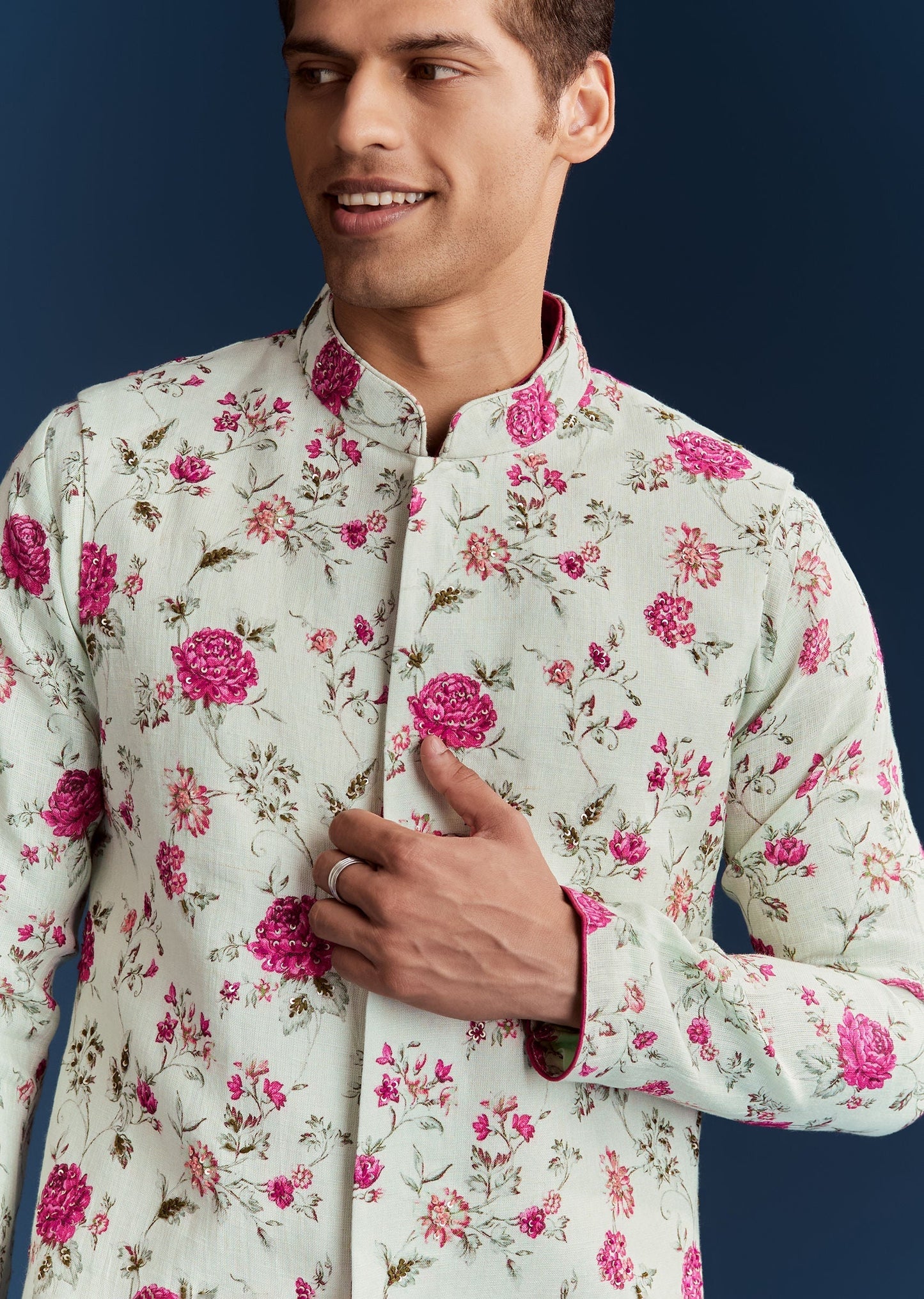 Green Silk Printed Kurta With Floral Sequins And Stone Work