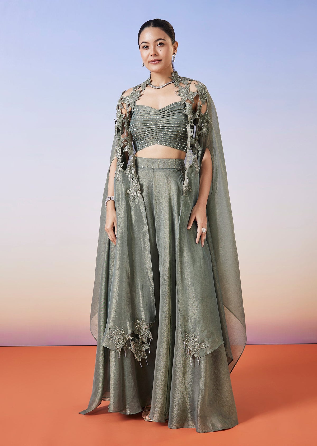 Greenish Grey Tissue Fusion Lehenga With Cape