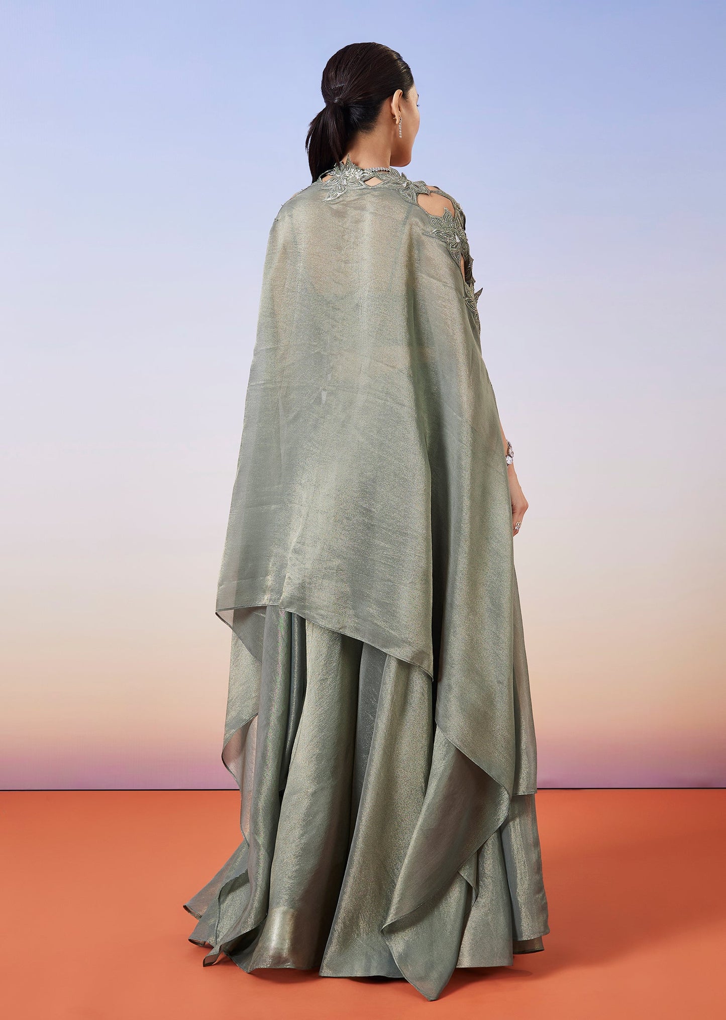 Greenish Grey Tissue Fusion Lehenga With Cape