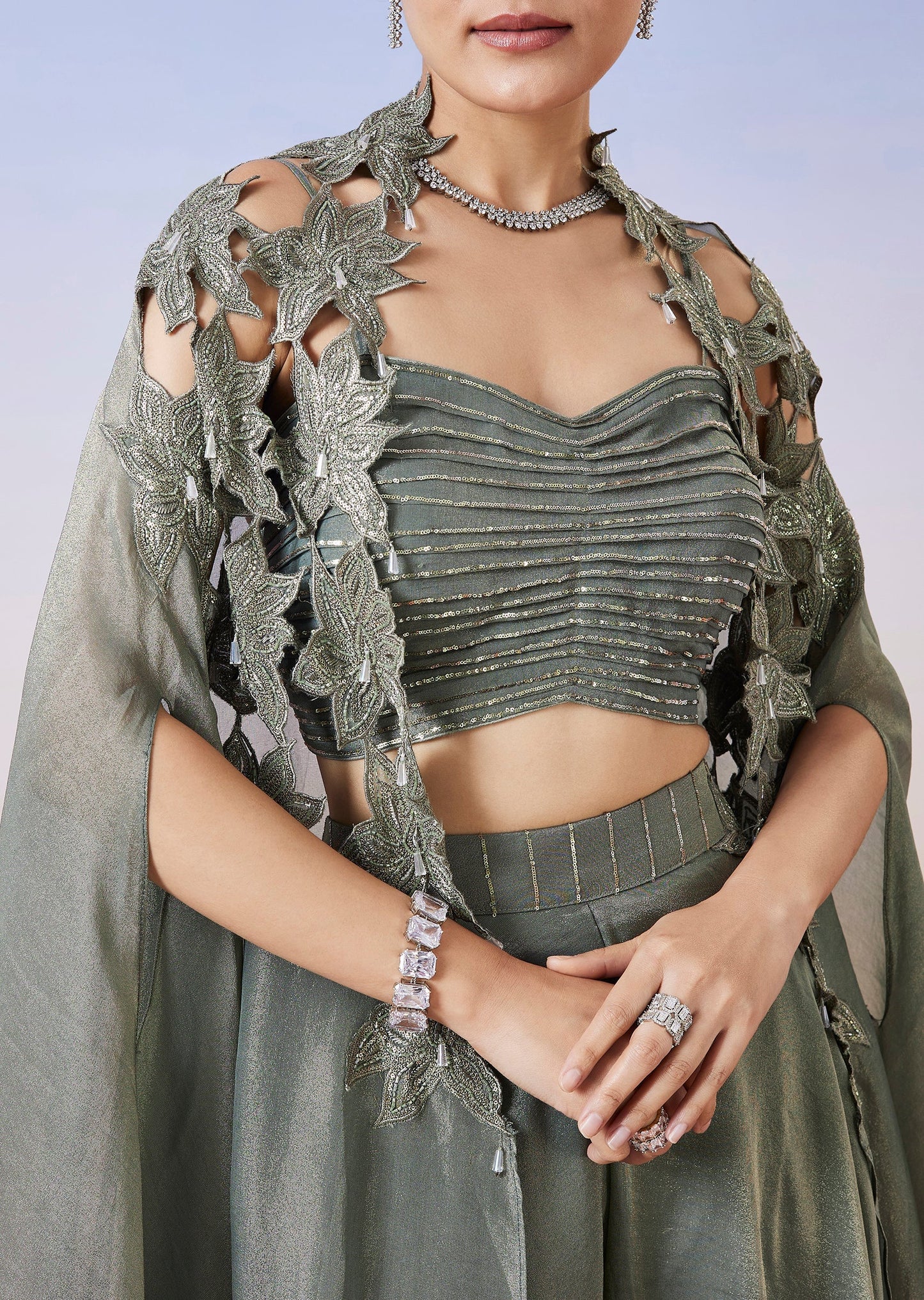Greenish Grey Tissue Fusion Lehenga With Cape