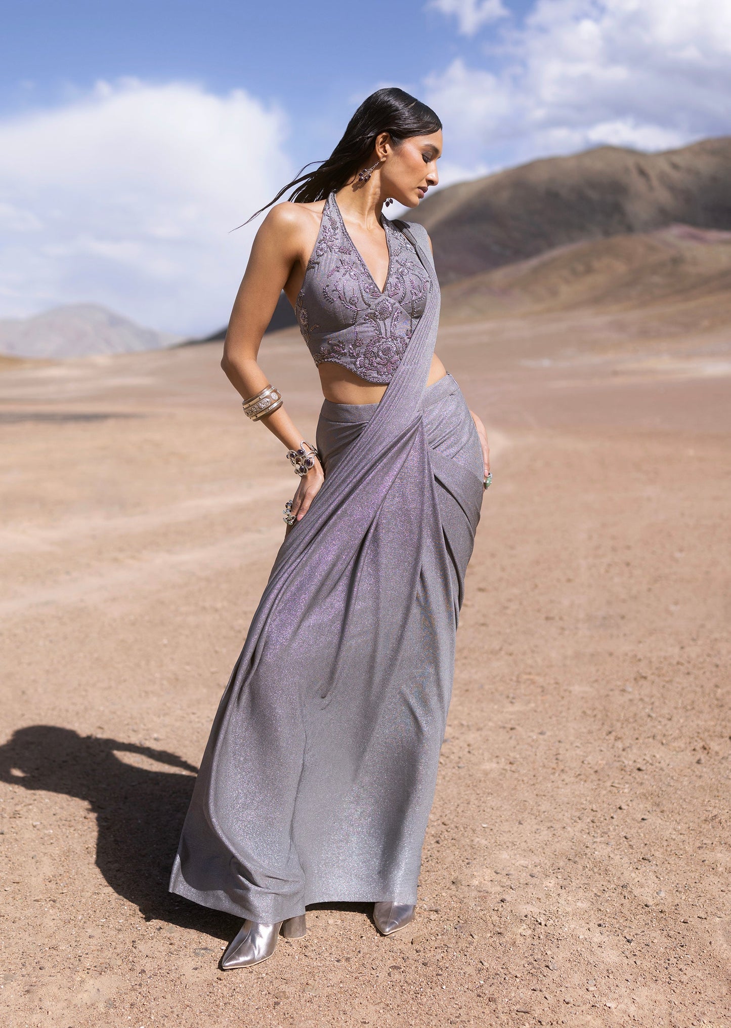 Grey Lycra Ready Pleated Saree And Halter Neck Blouse