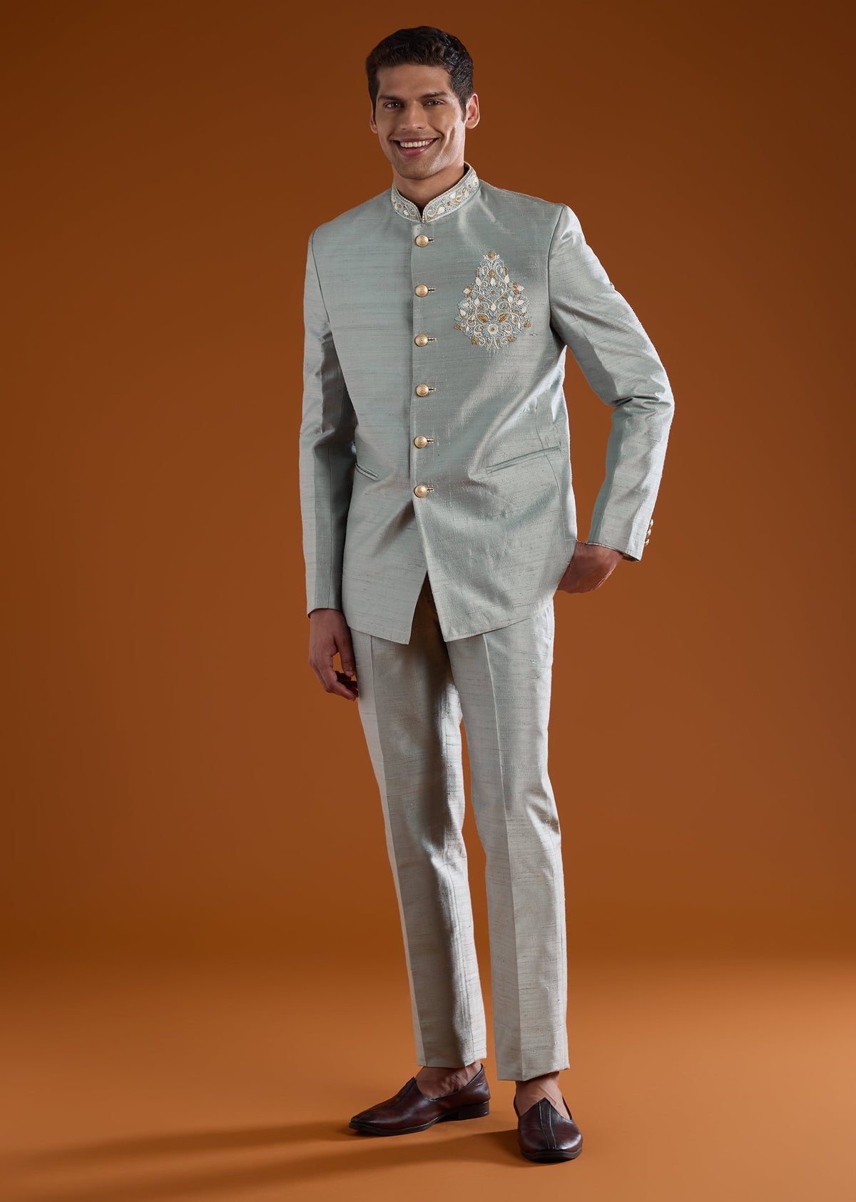 Grey Silk Jodhpuri Pant Set with Cutdana Work