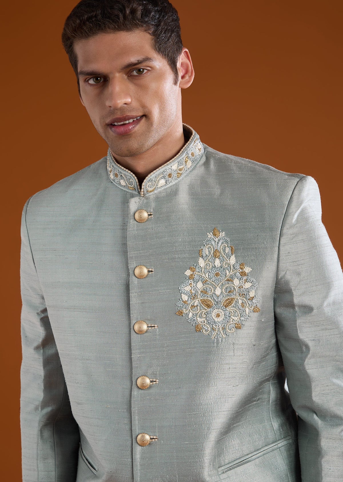 Grey Silk Jodhpuri Pant Set with Cutdana Work