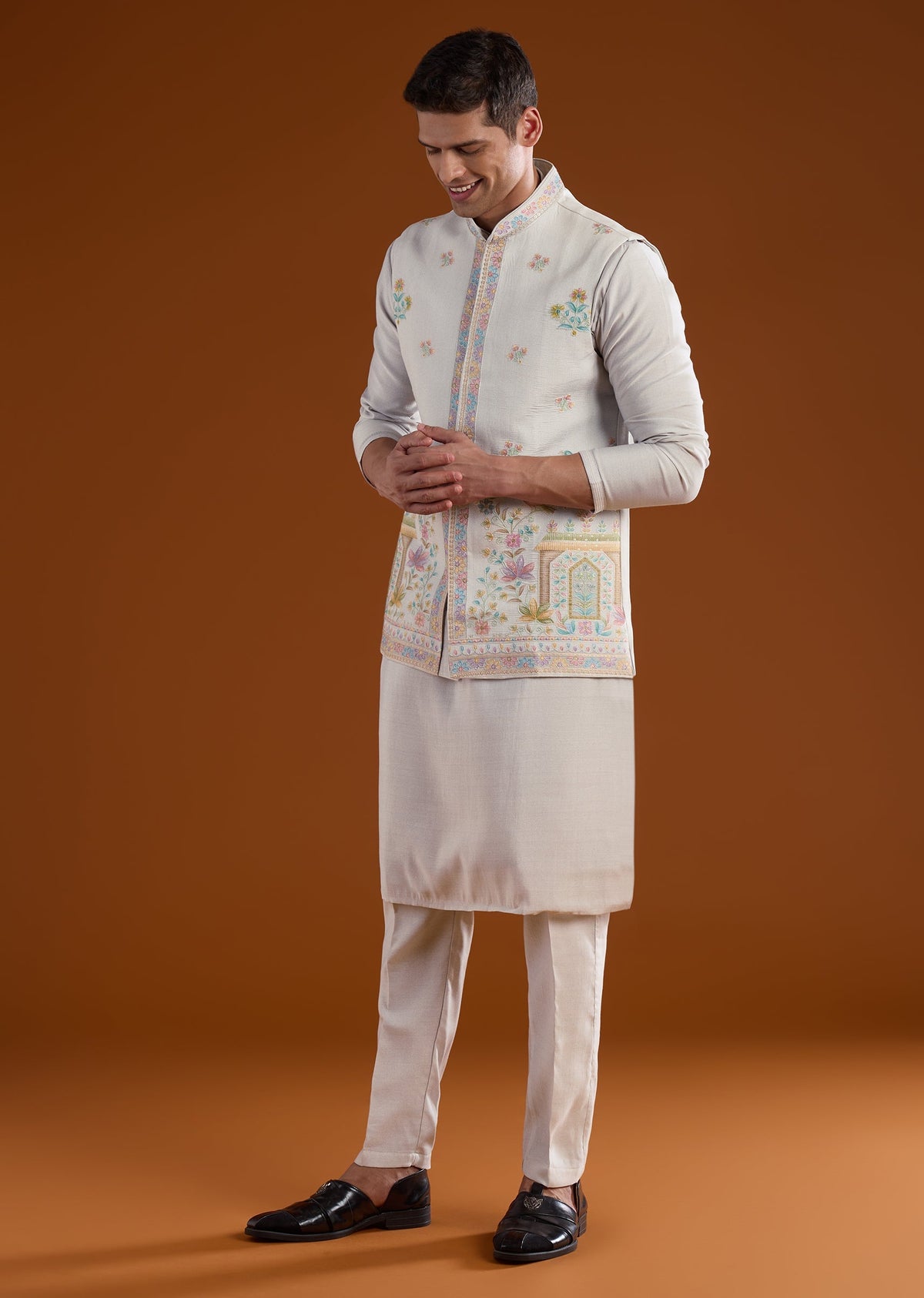 Grey Silk Mens Kurta Jacket Set With Thread And Motif Work