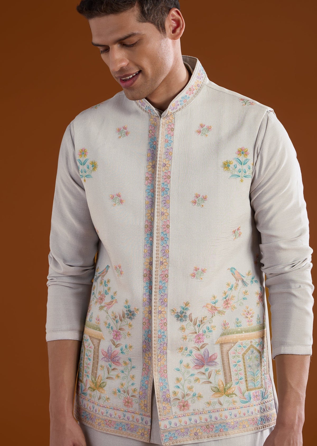 Grey Silk Mens Kurta Jacket Set With Thread And Motif Work
