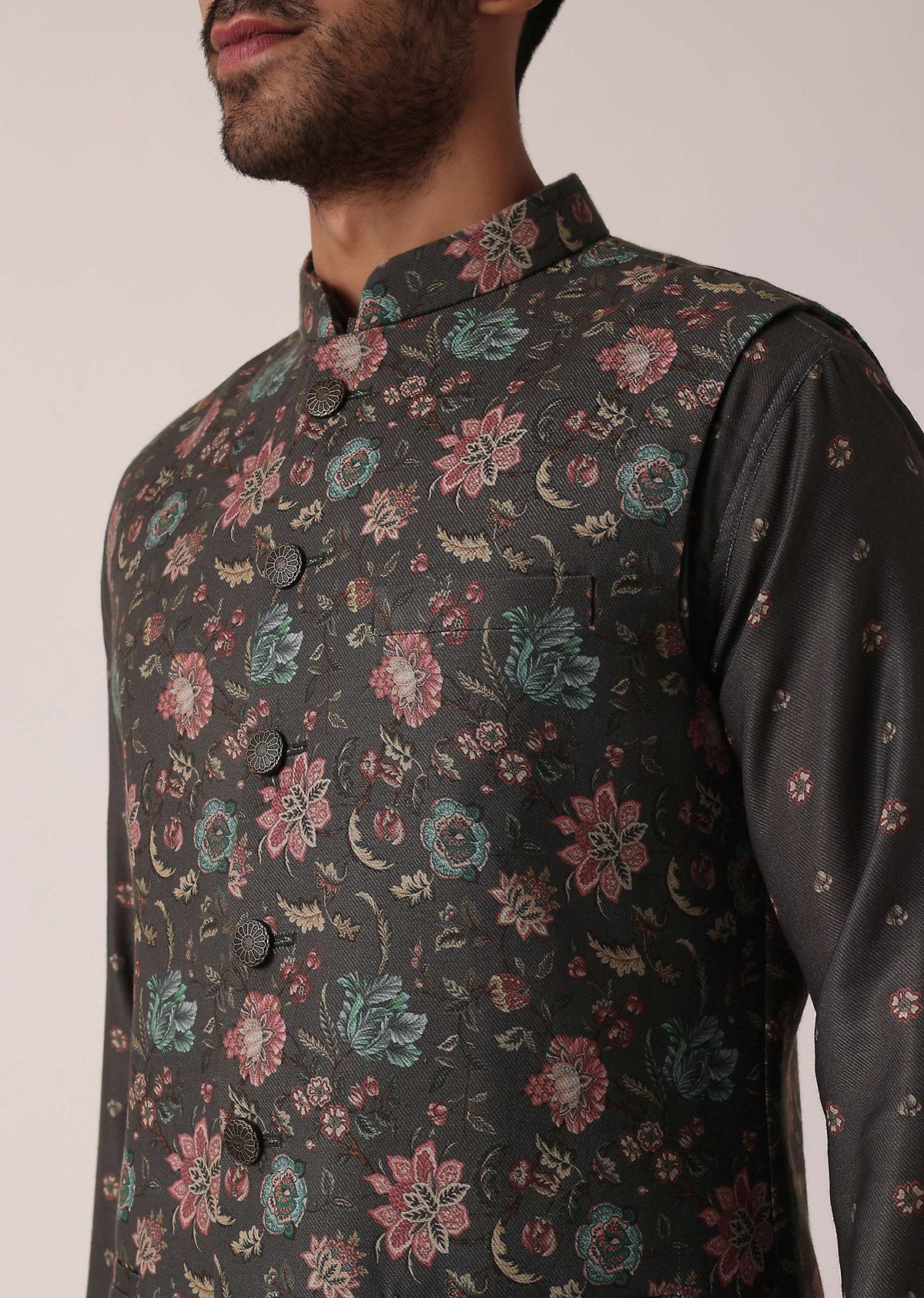 Grey Floral Print Festive Jacket Kurta Set For Men