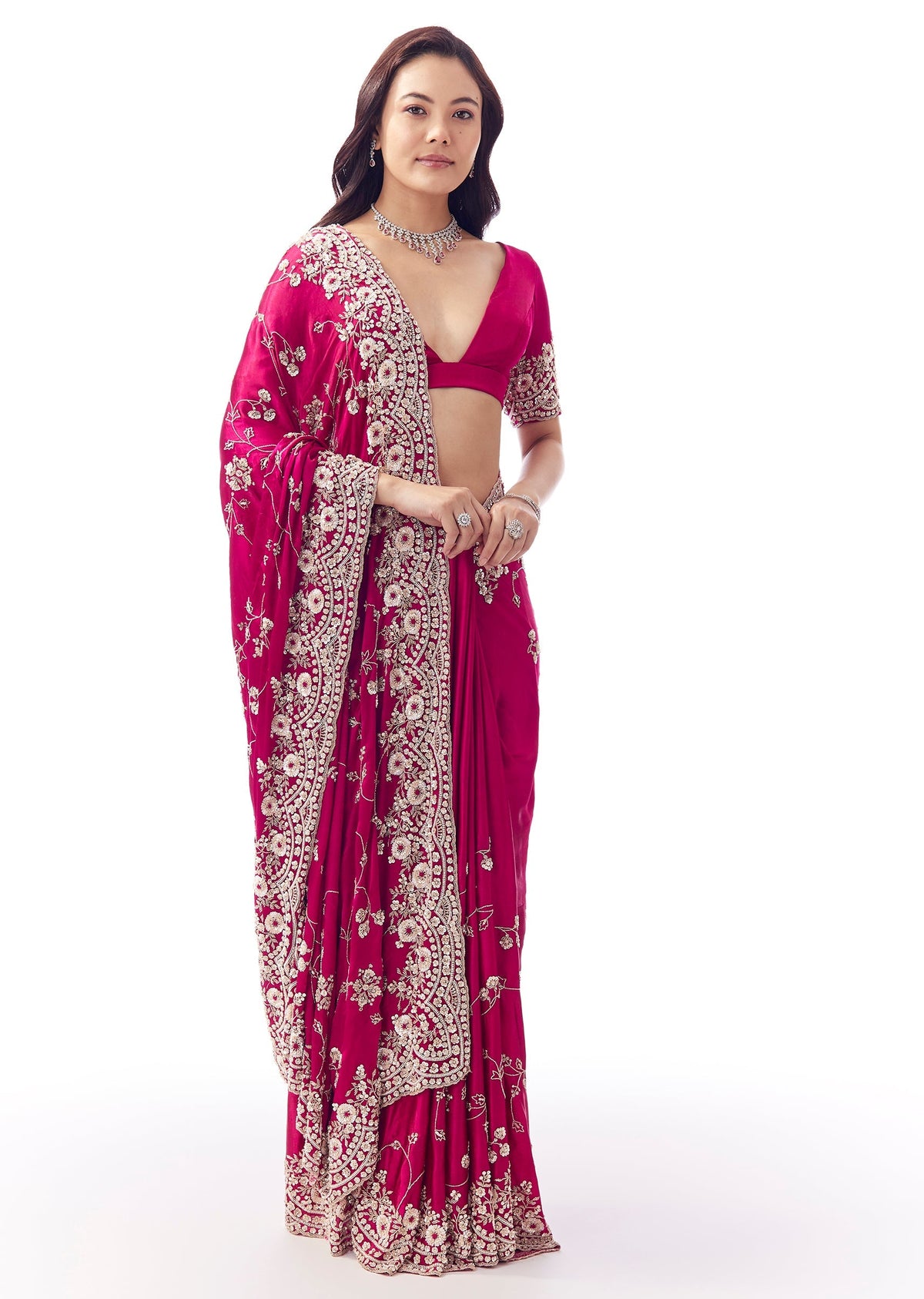 Hot Pink Satin Chinon Saree With Heavy Scalloped Embroidered Border And Floral Jaal