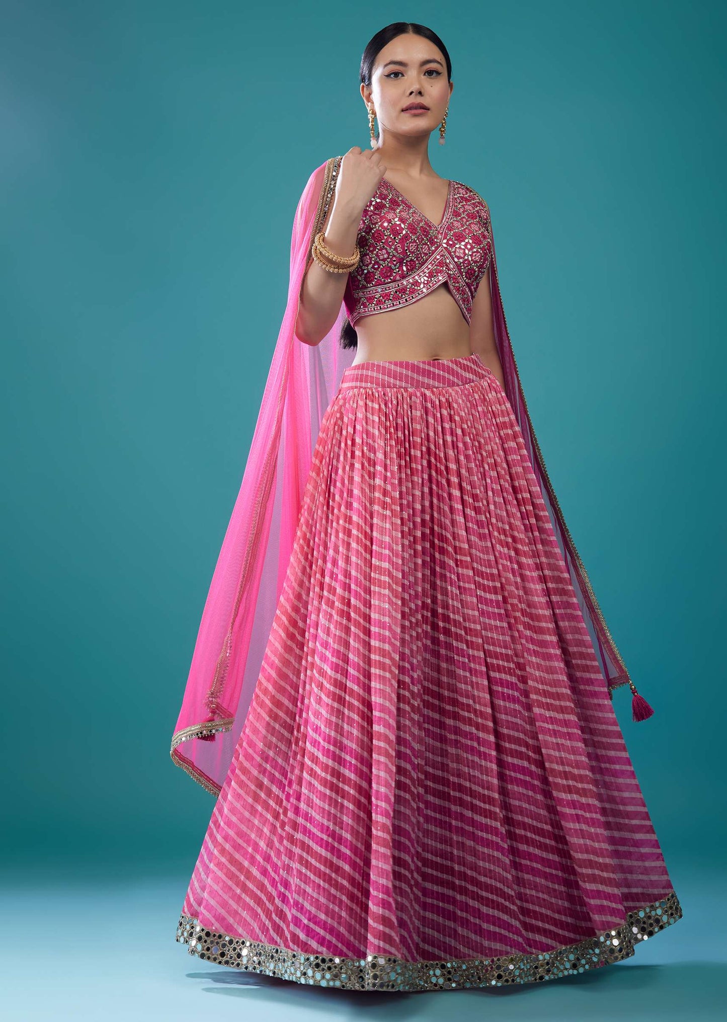 Hot Pink Embroidered Georgette Leheriya Lehenga Set