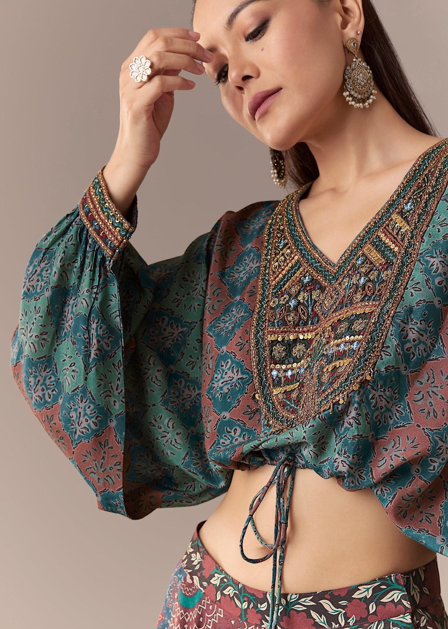 Indigo Printed Crop Top Skirt Set