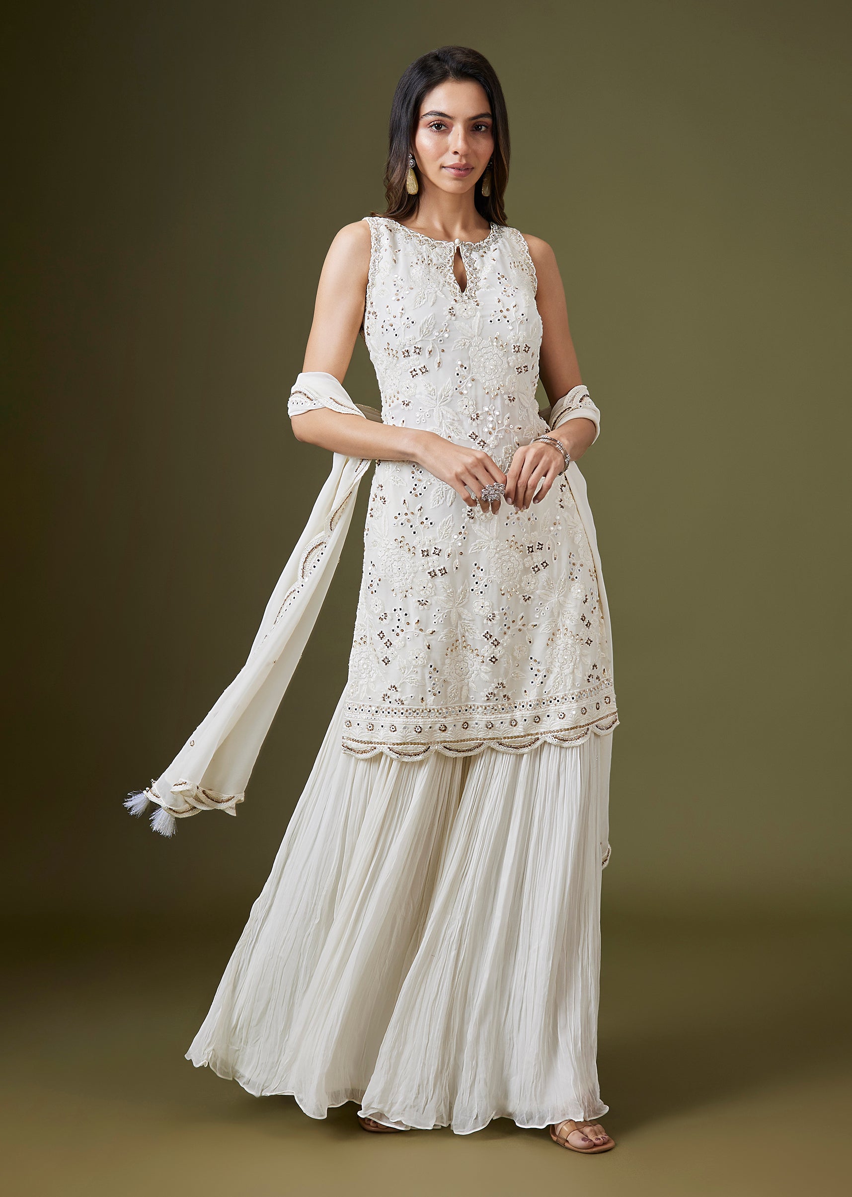 Ivory Georgettte Mirror Embellished Sharara Suit Set