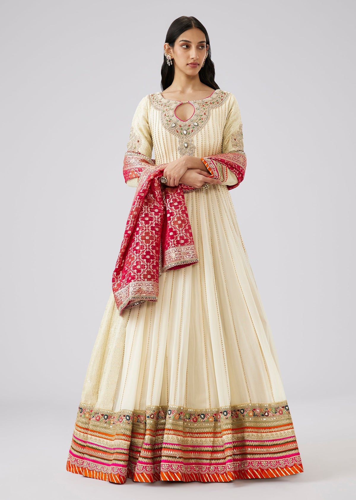 Ivory Georgette Hand Embroidered Anarkali With Gotta Lace Detail