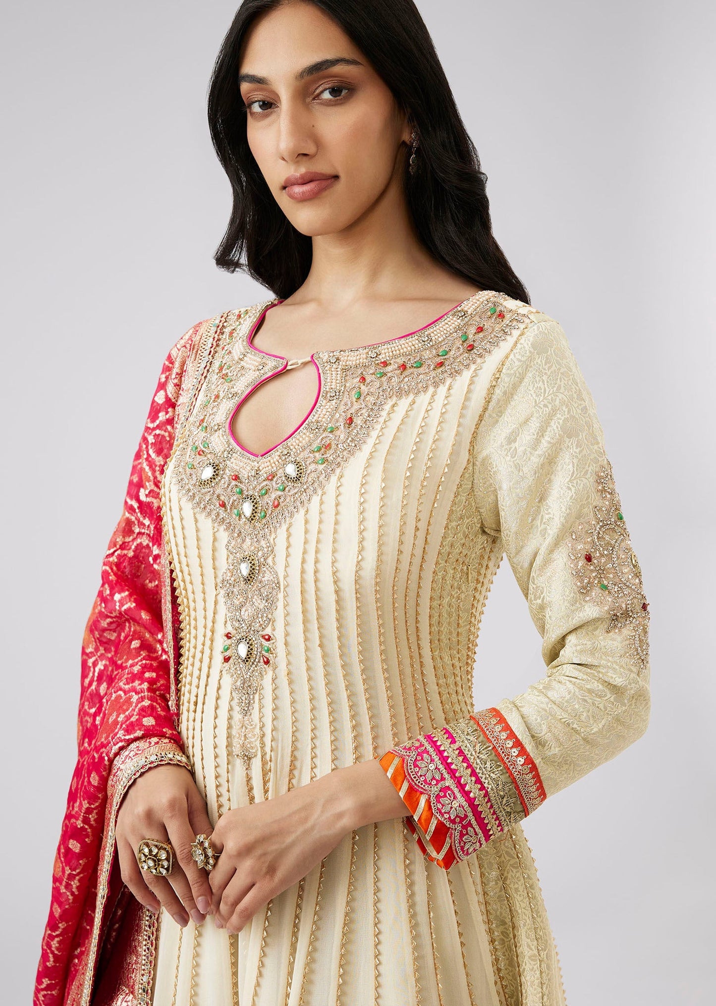 Ivory Georgette Hand Embroidered Anarkali With Gotta Lace Detail
