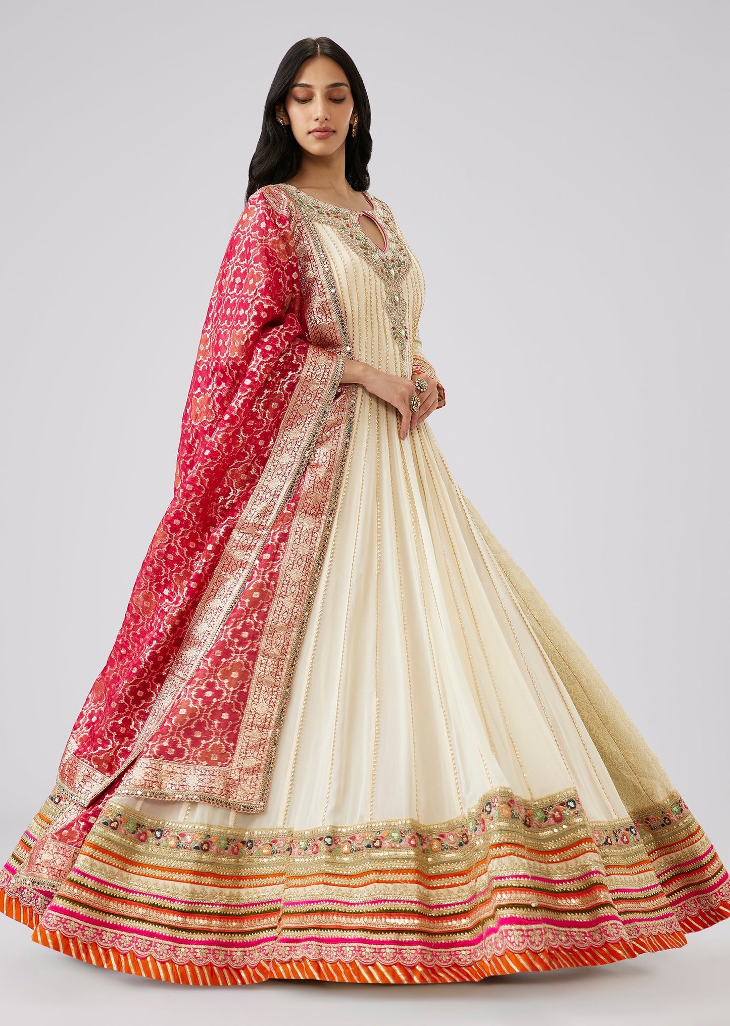 Ivory Georgette Hand Embroidered Anarkali With Gotta Lace Detail